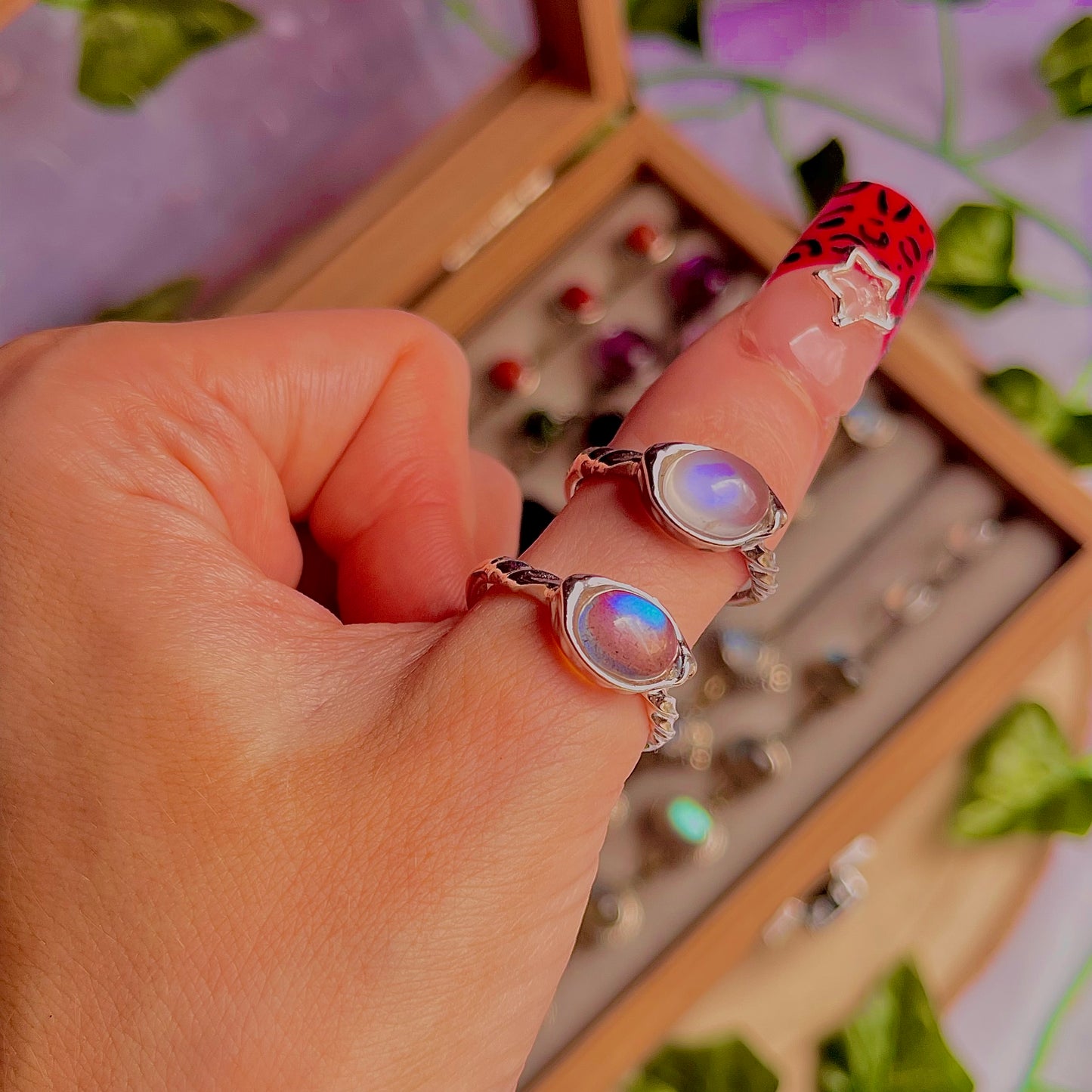 rainbow moonstone style E ~ 925 sterling silver adjustable rings / intuitively chosen