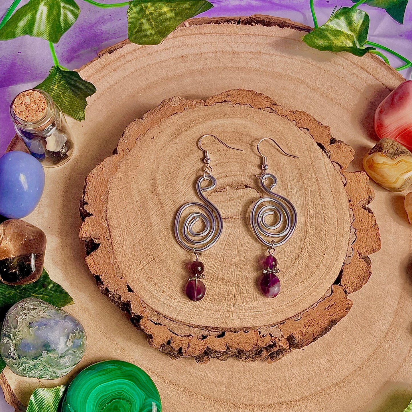 spiral swirl earrings ~ amethyst & fluorite on 925 hooks (aluminium wire)