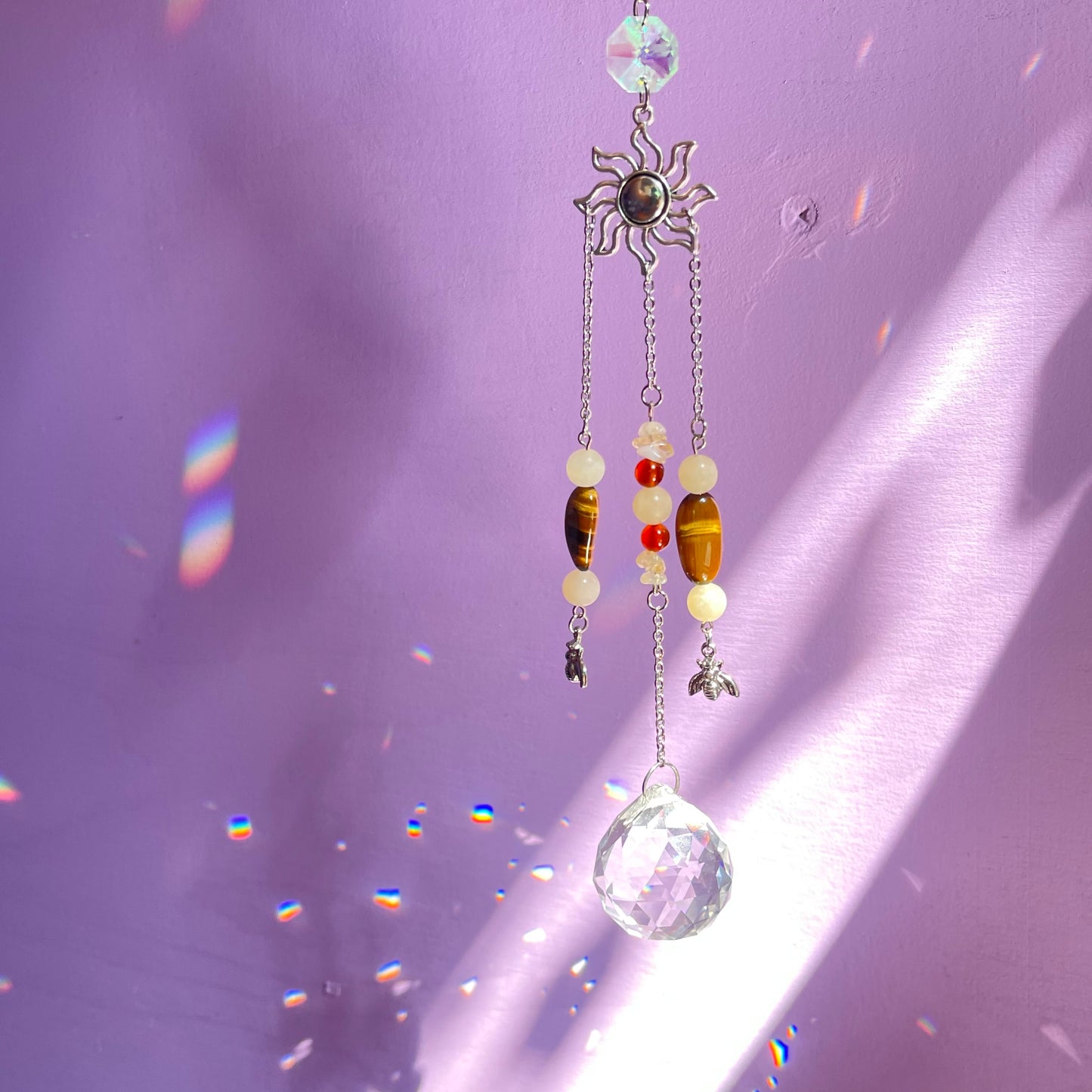 honey bee sun catcher - honey calcite, carnelian, tigers eye & calcite