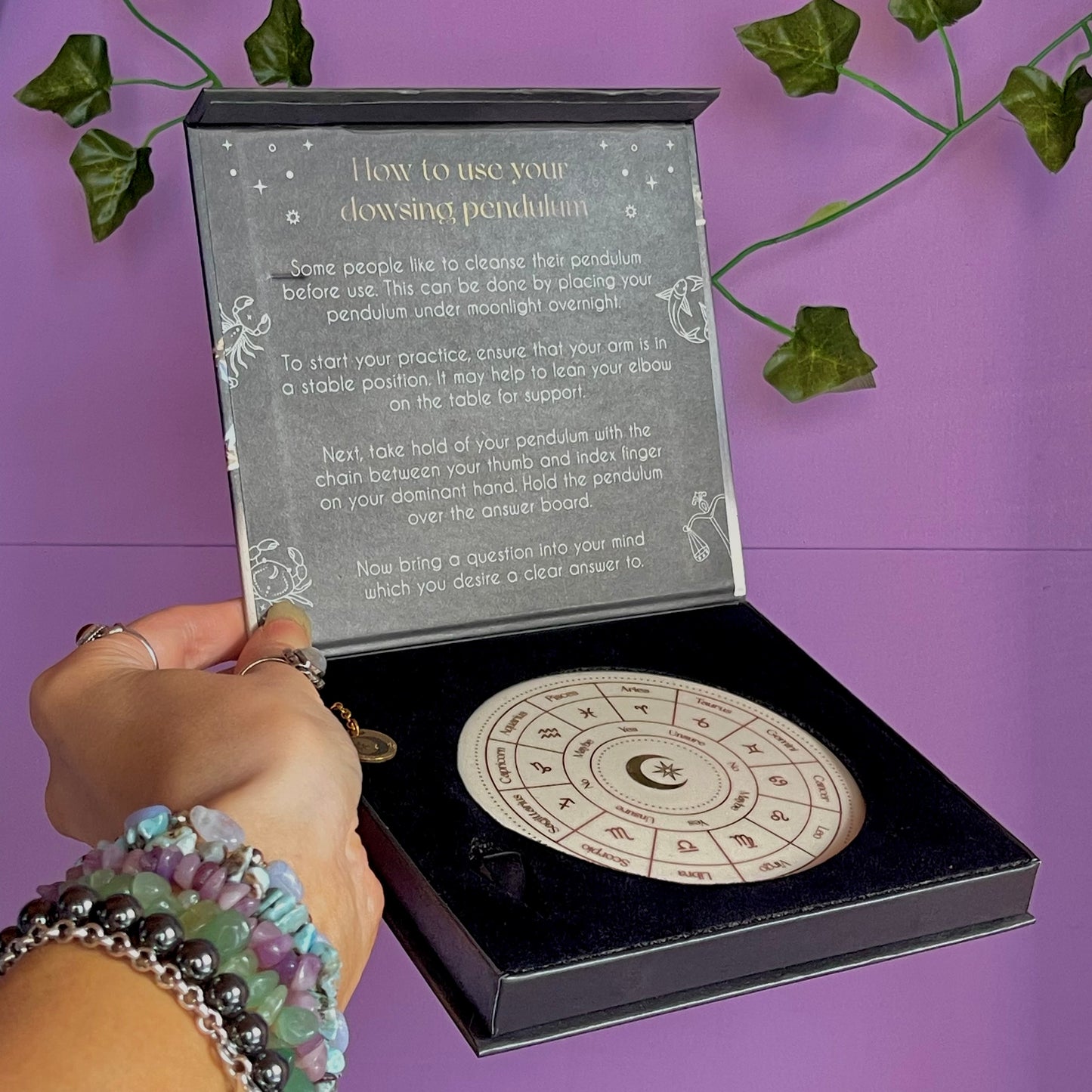 astrology wheel pendulum ceramic divination set ~ with black obsidian pendulum