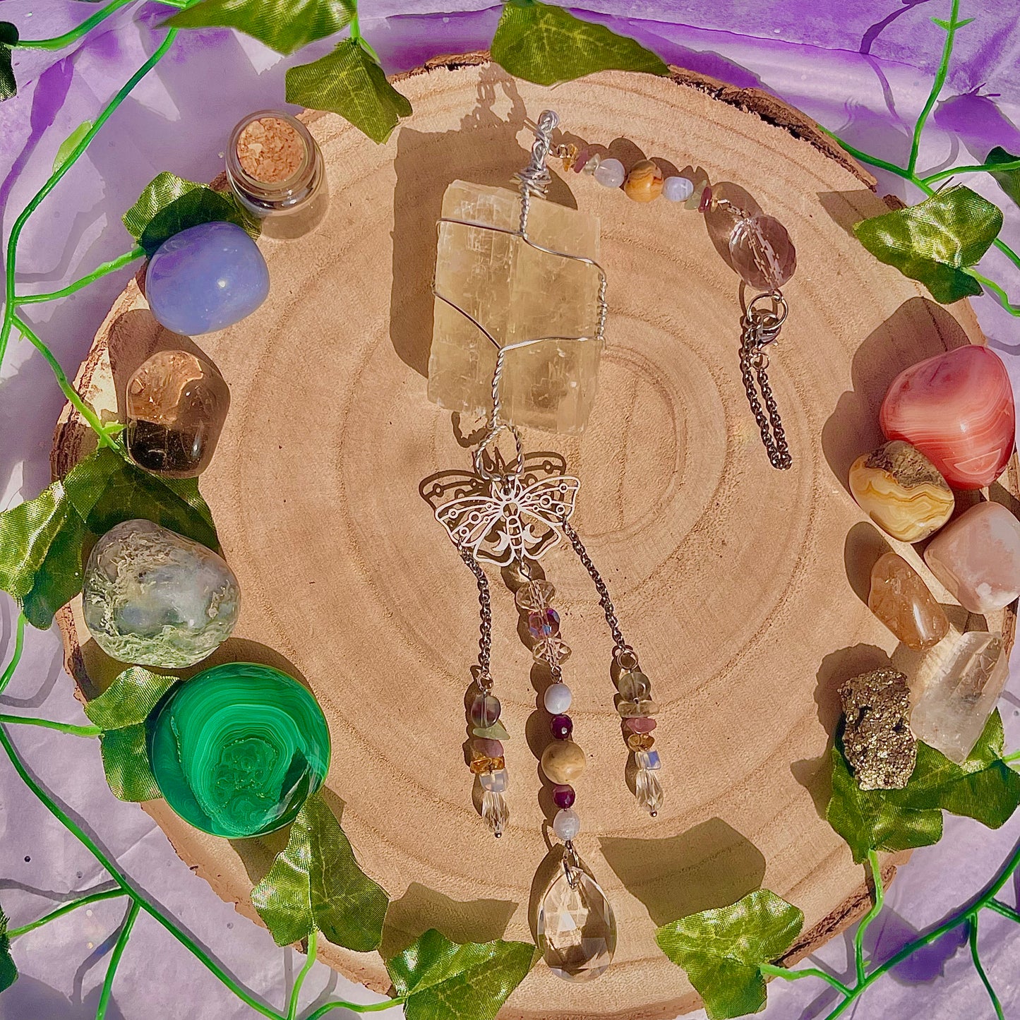 butterfly garden suncatcher / wall hanging ~ optical calcite, crazy lace, blue lace, citrine, lepidolite, fluorite & amethyst