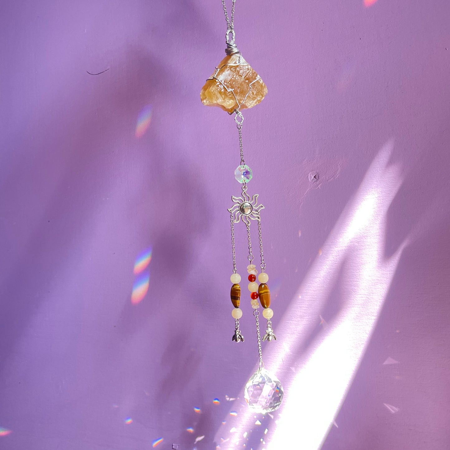 honey bee sun catcher - honey calcite, carnelian, tigers eye & calcite