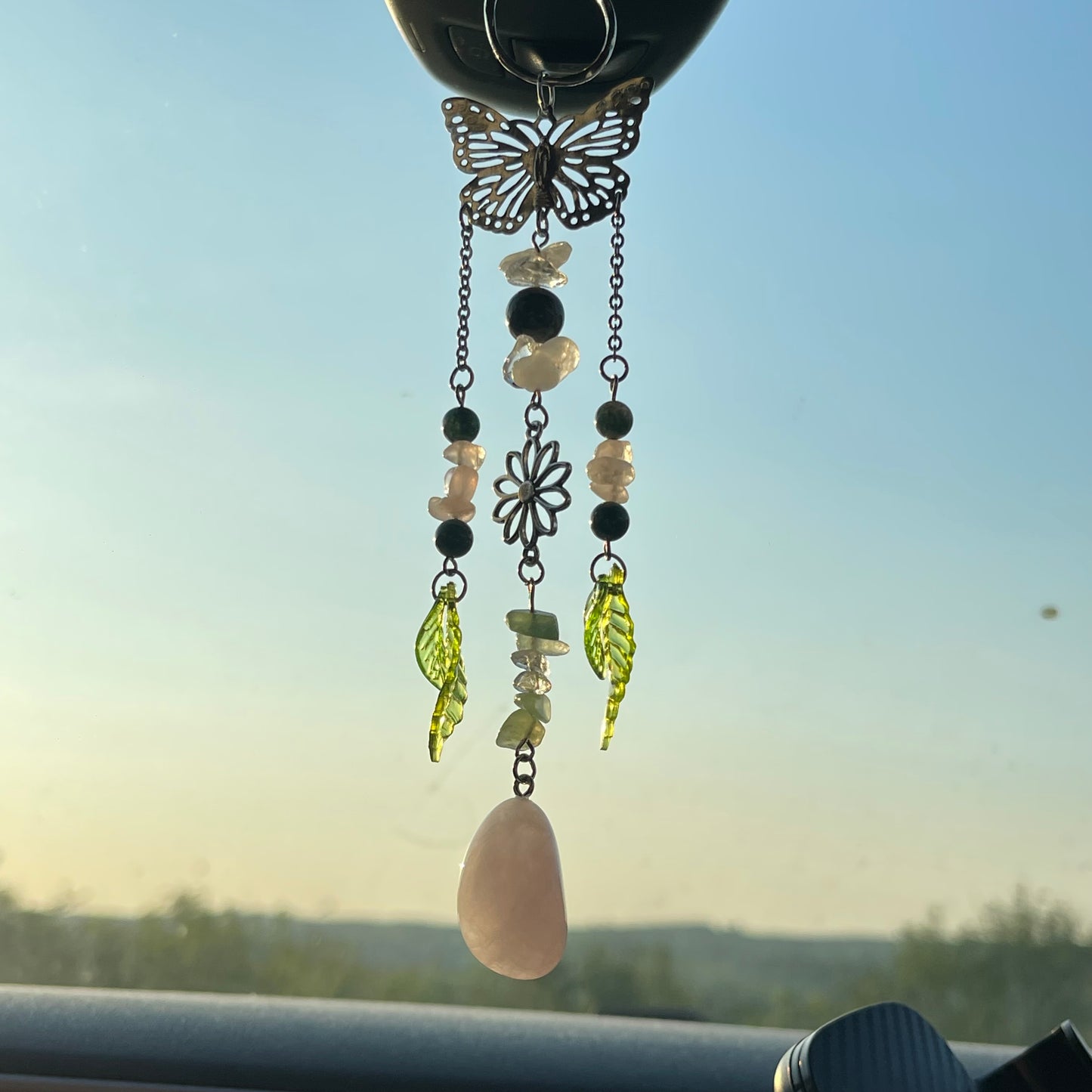 self car charm - rose quartz, moss agate, clear quartz & aventurine
