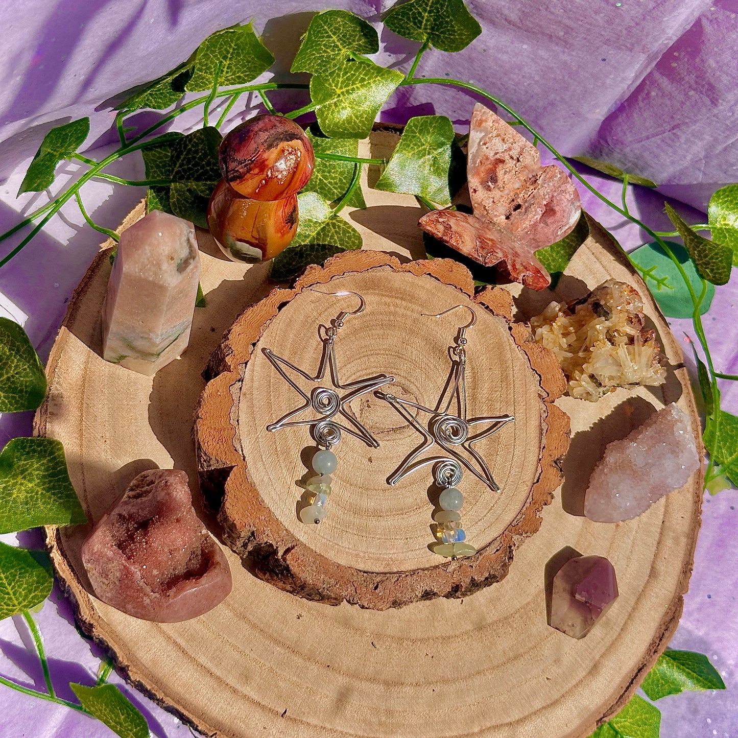 star spirals earrings ~ aquamarine, opalite, citrine, olive jade on 925 hooks