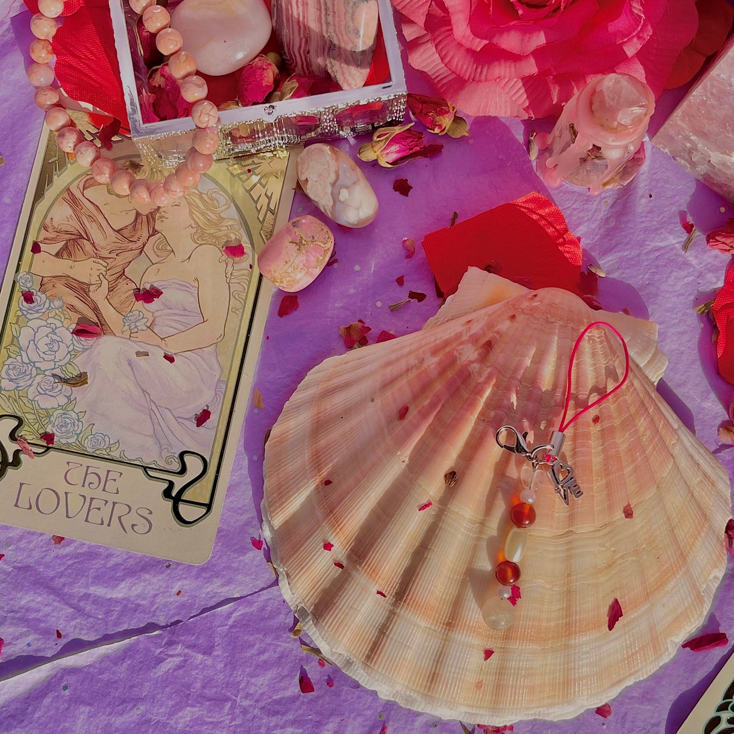 l-o-v-e phone charm ~ rose quartz, carnelian, morganite & faux pearls