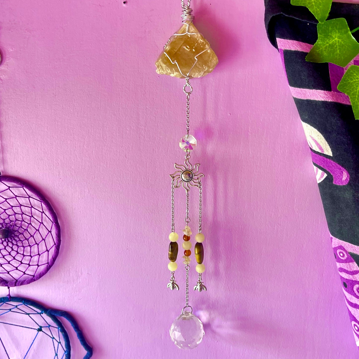 honey bee sun catcher - honey calcite, carnelian, tigers eye & calcite