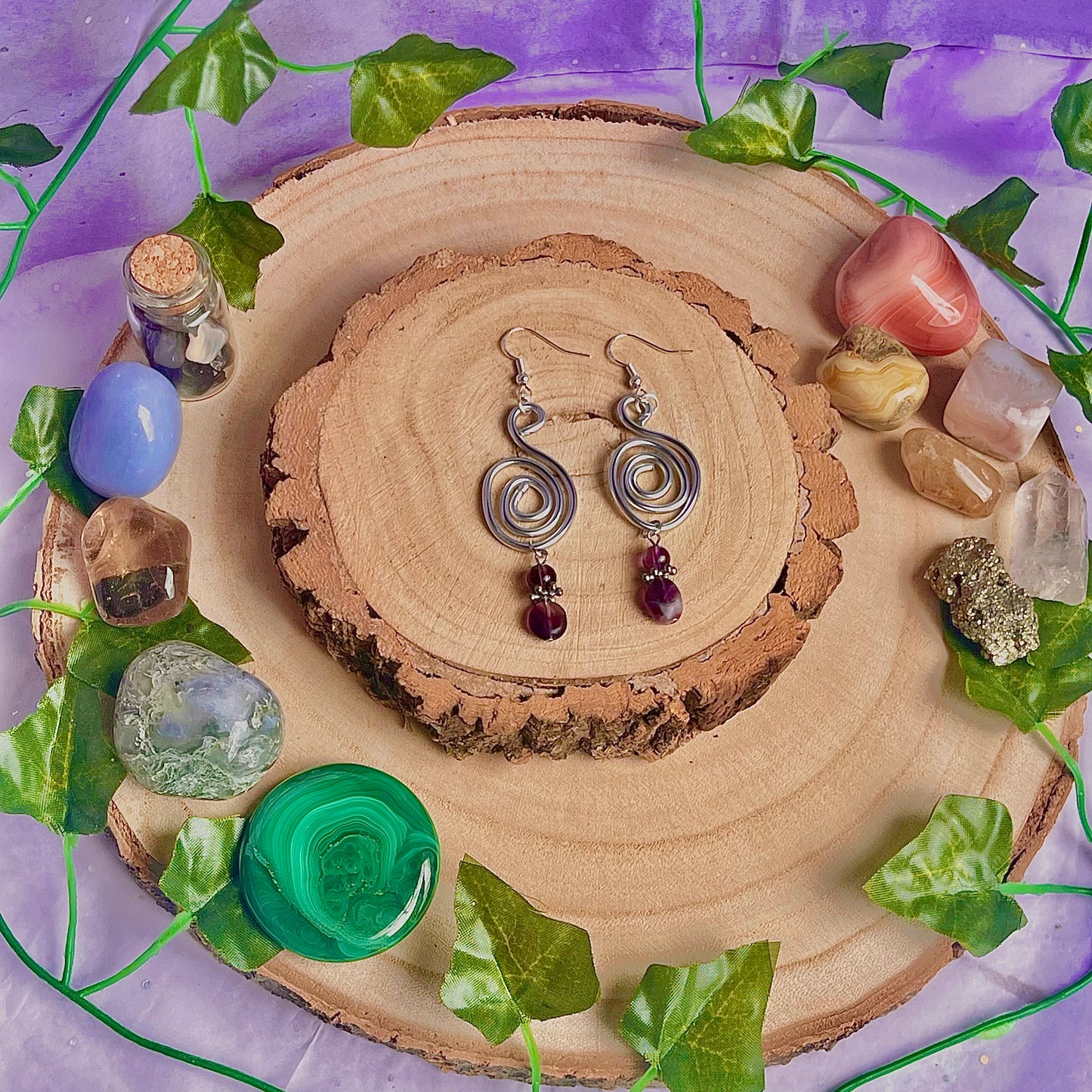 spiral swirl earrings ~ amethyst & fluorite on 925 hooks (aluminium wire)