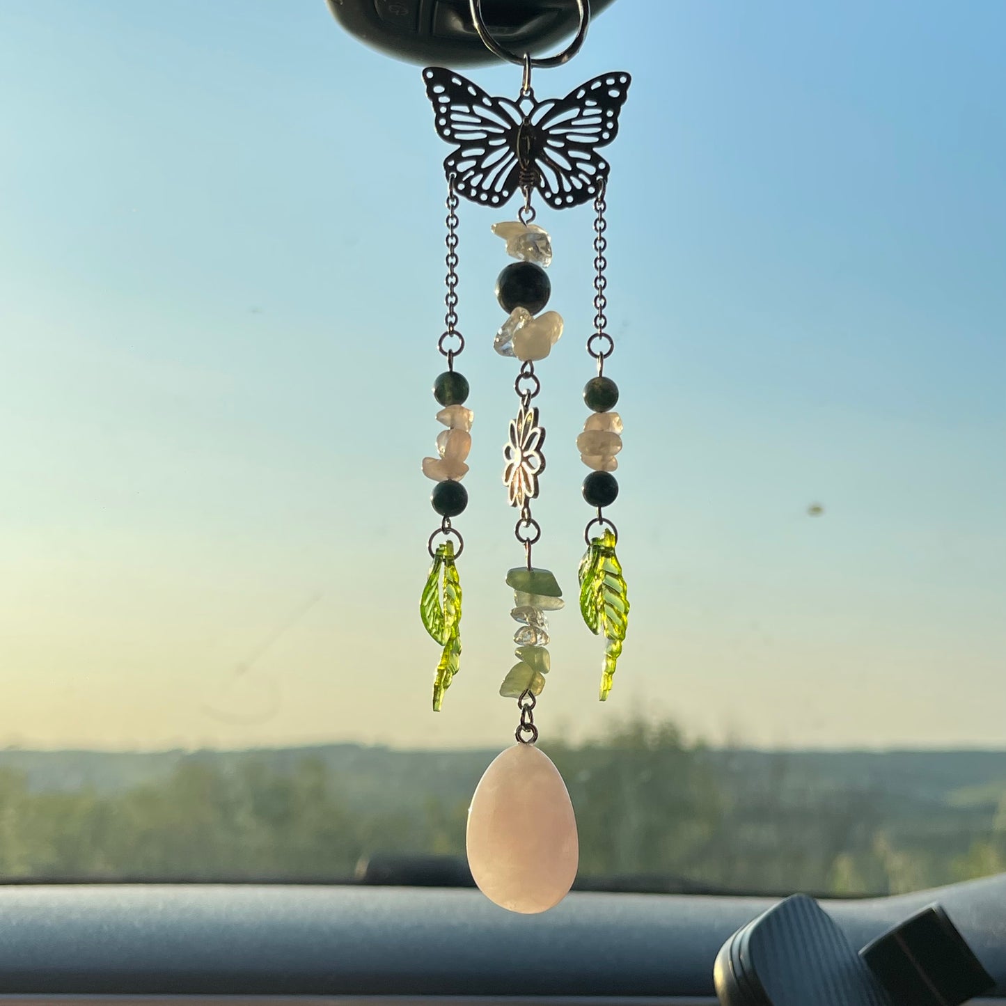 self car charm - rose quartz, moss agate, clear quartz & aventurine