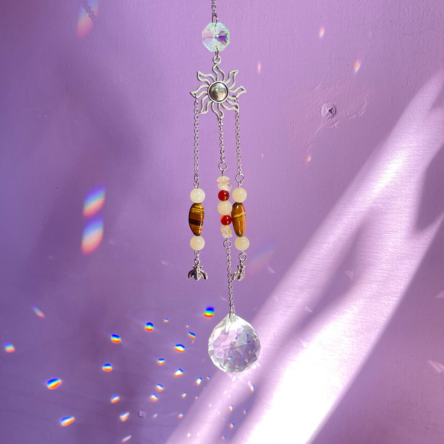 honey bee sun catcher - honey calcite, carnelian, tigers eye & calcite