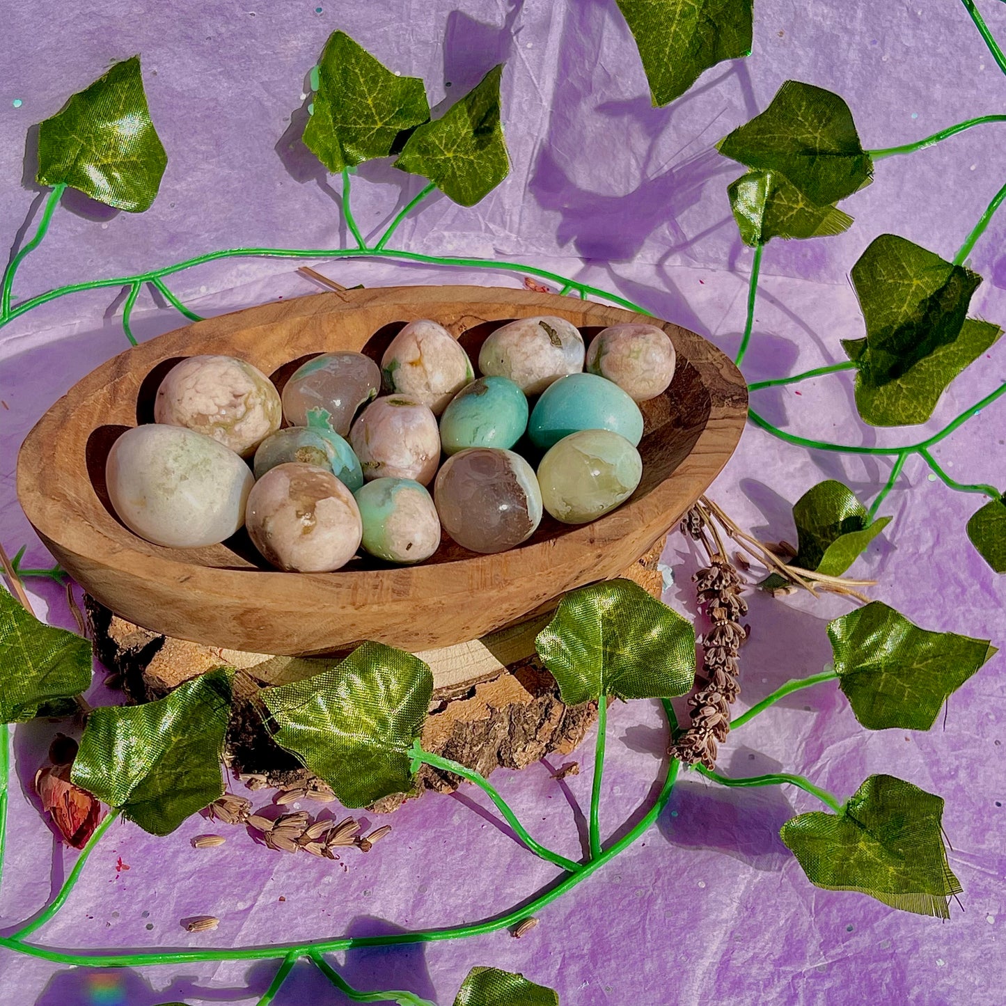 green flower agate tumbles