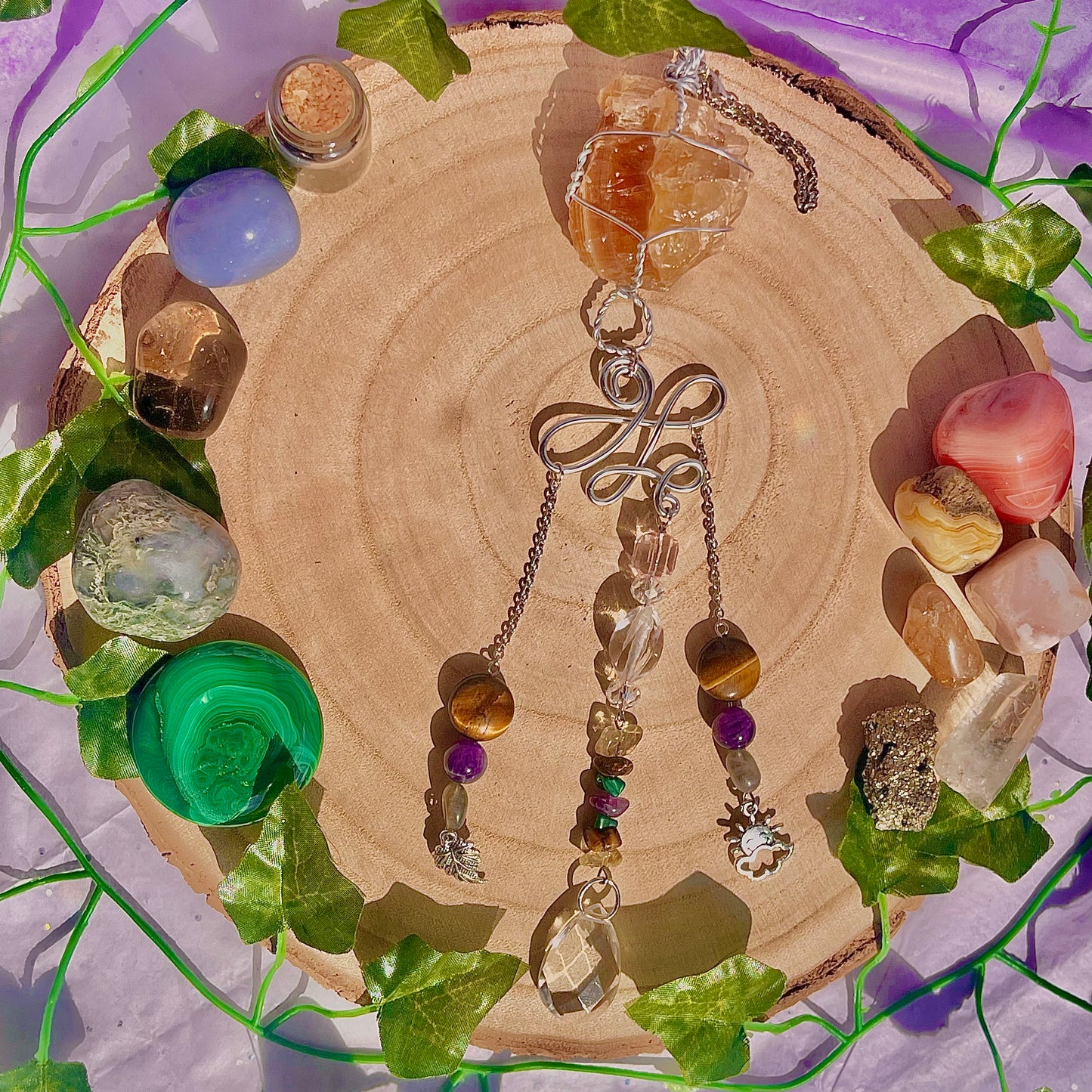 autumn sun suncatcher / wall hanging ~ honey calcite, tigers eye, amethyst, labradorite, malachite & citrine
