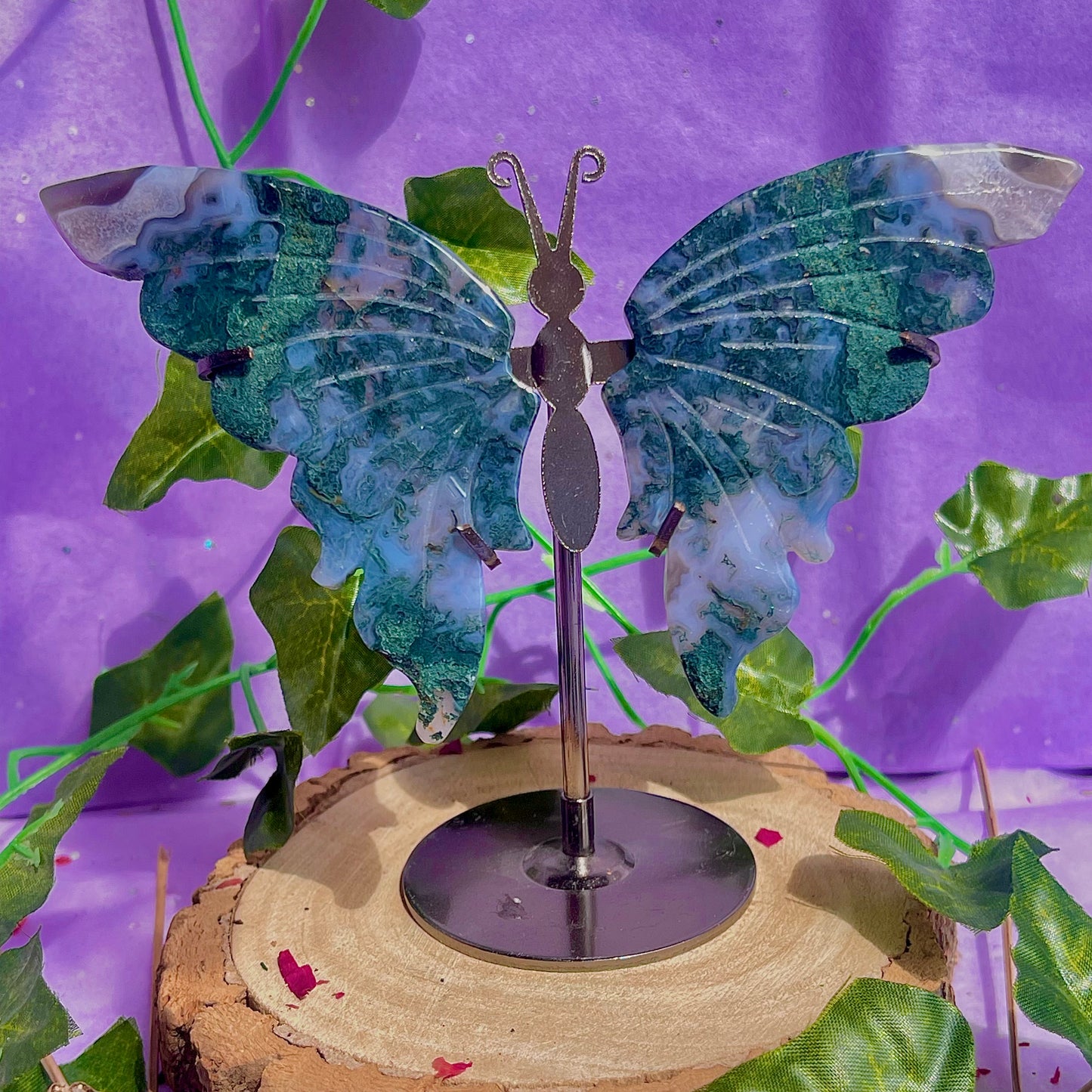 moss agate butterfly wings on stand
