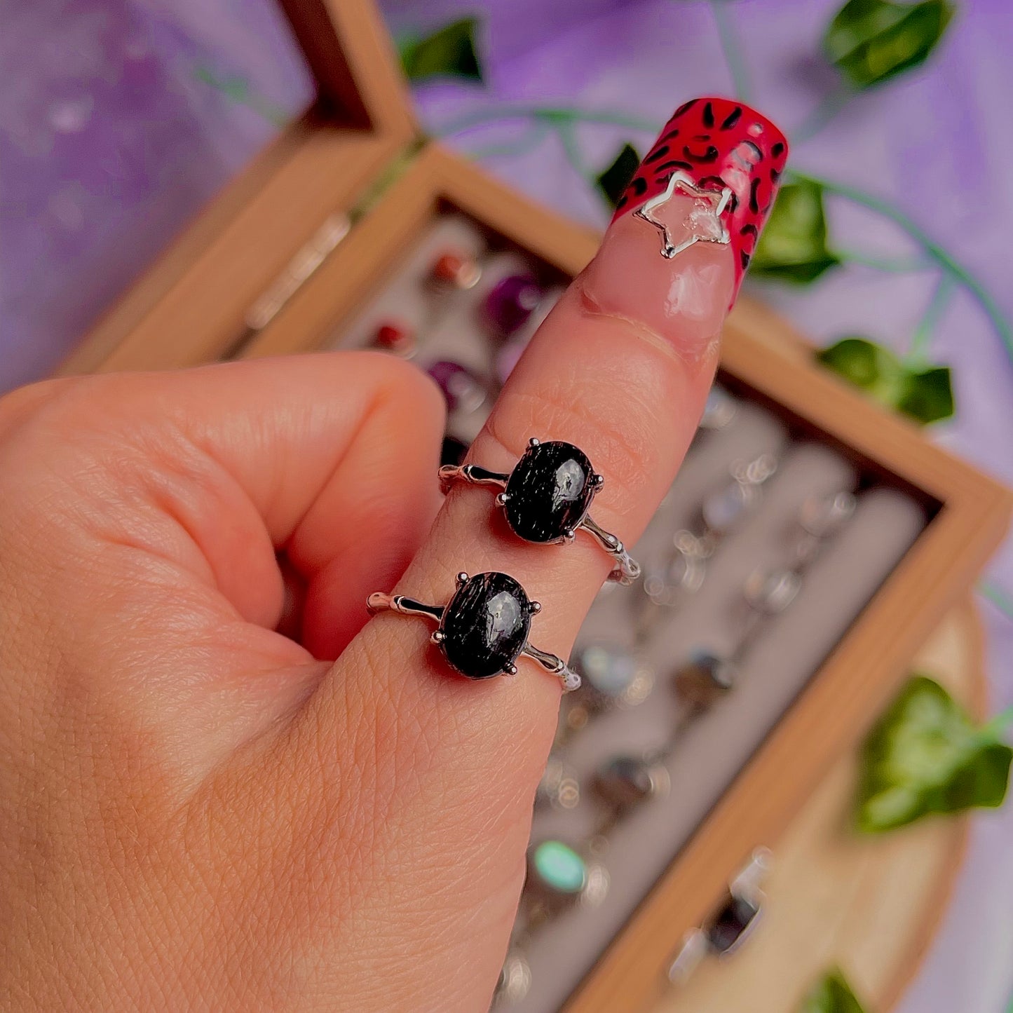 black rutile quartz ~ 925 sterling silver adjustable rings / intuitively chosen