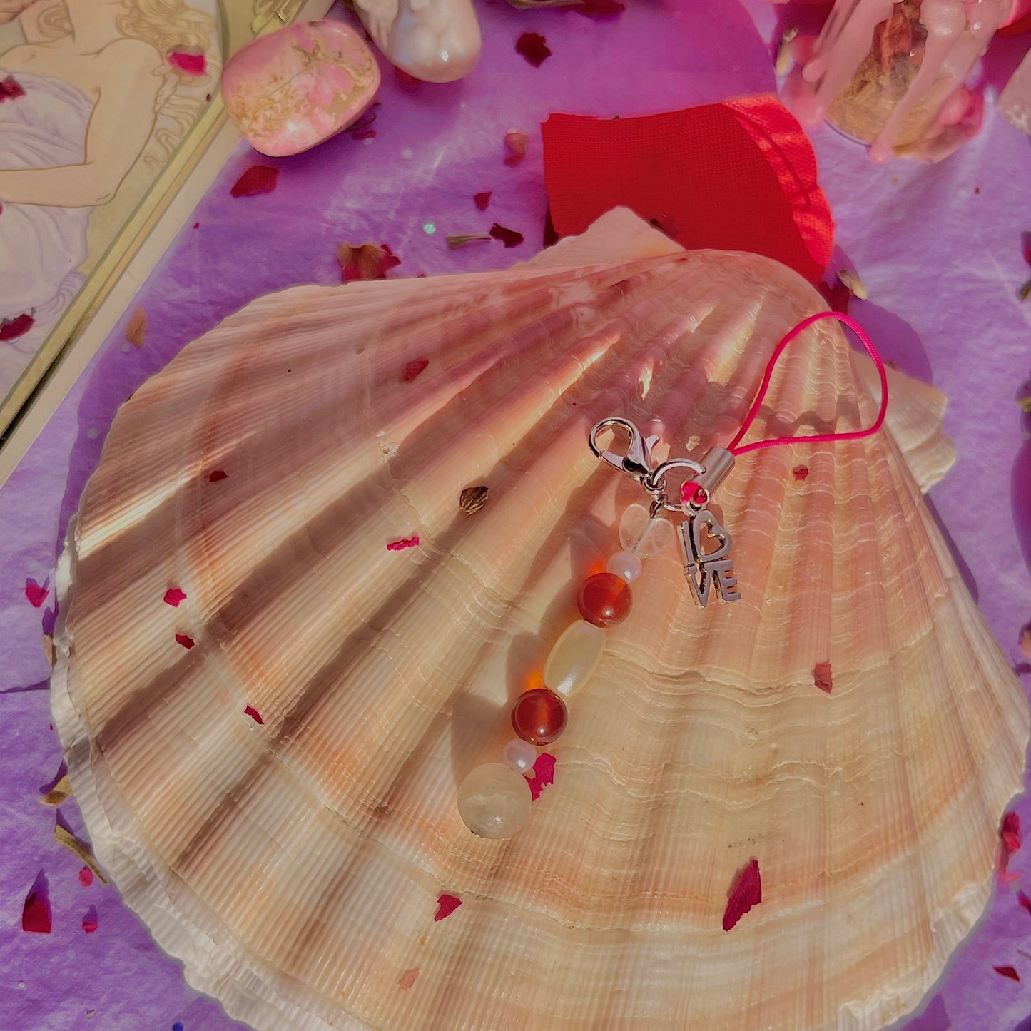 l-o-v-e phone charm ~ rose quartz, carnelian, morganite & faux pearls