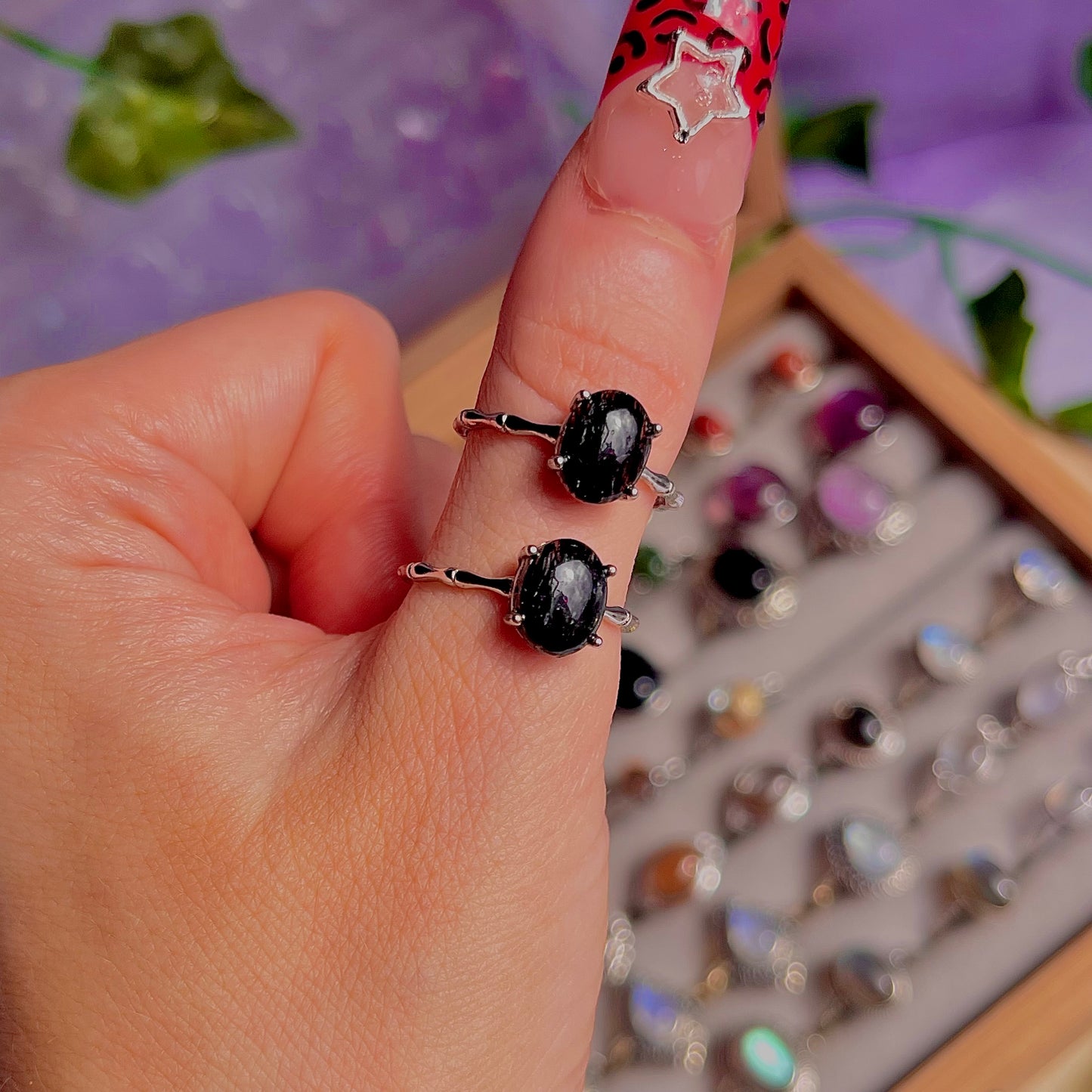 black rutile quartz ~ 925 sterling silver adjustable rings / intuitively chosen