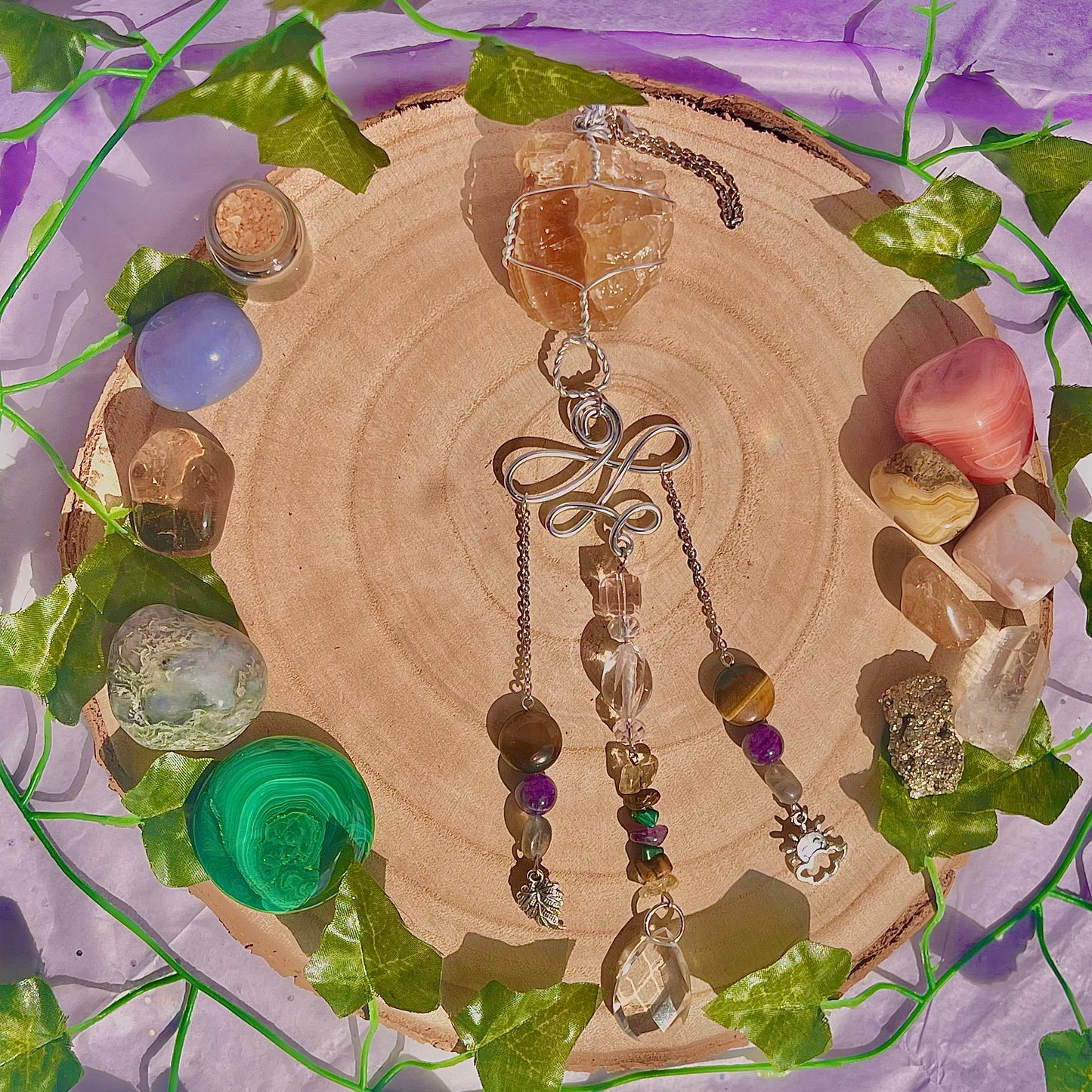 autumn sun suncatcher / wall hanging ~ honey calcite, tigers eye, amethyst, labradorite, malachite & citrine
