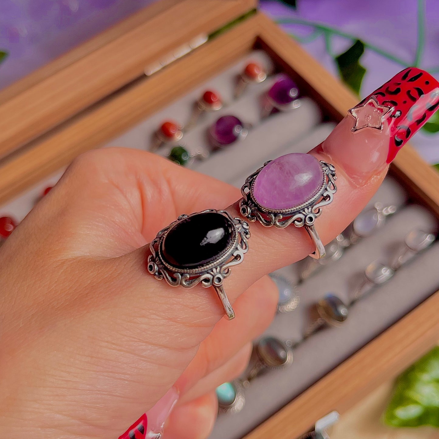 kunzite & silver sheen obsidian ~ 925 sterling silver adjustable rings / choose your own