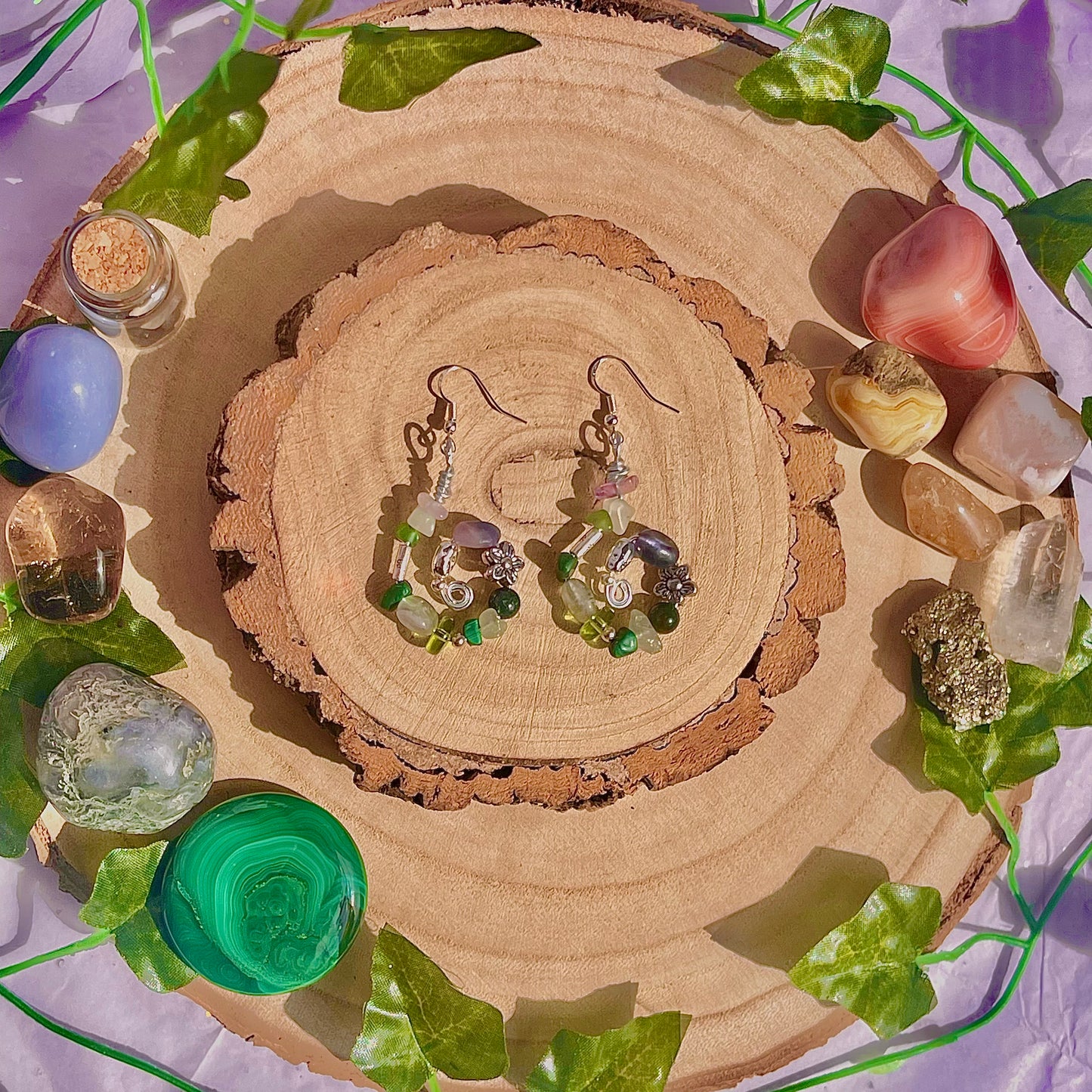 forest spiral earrings ~ fluorite, moss agate, aventurine, new jade & malachite on 925 hooks