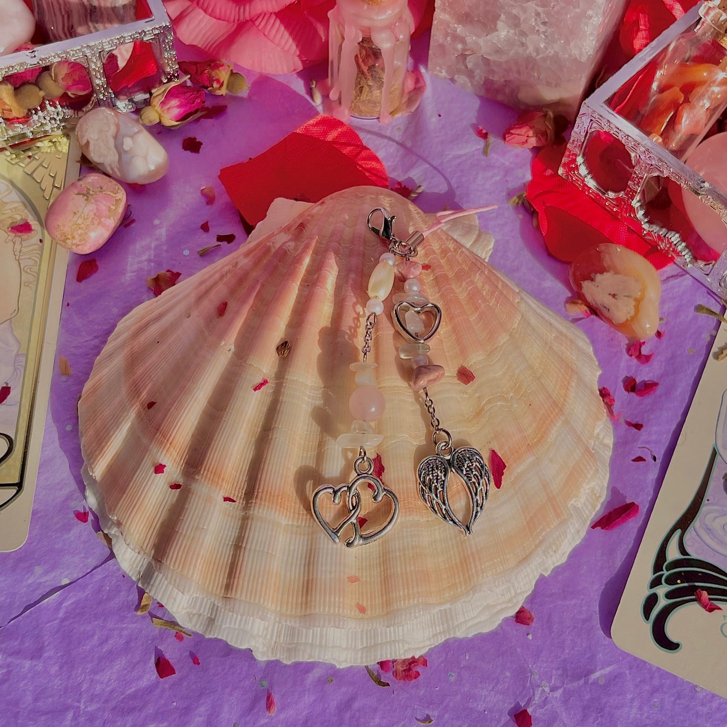 angel heart phone charm ~ rose quartz, moonstone, rhodonite & faux pearls