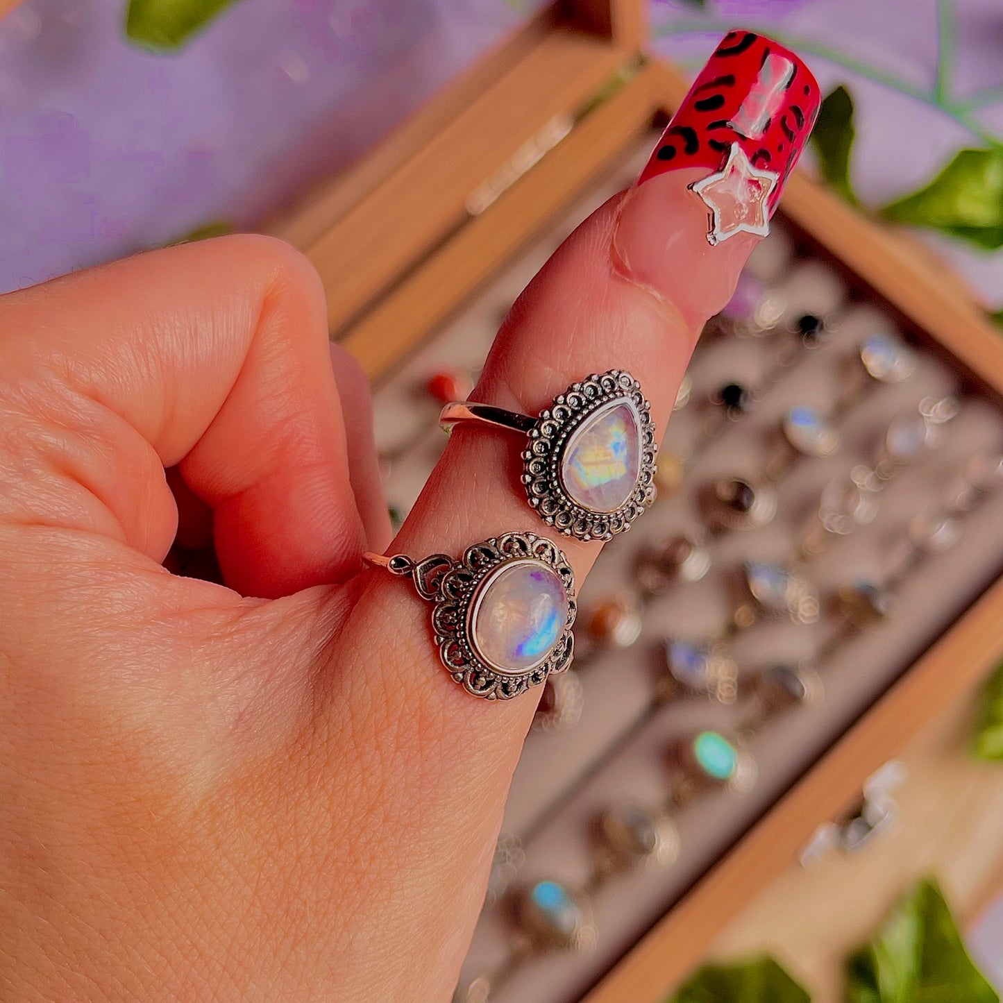 rainbow moonstone style C ~ 925 sterling silver adjustable rings / choose your own
