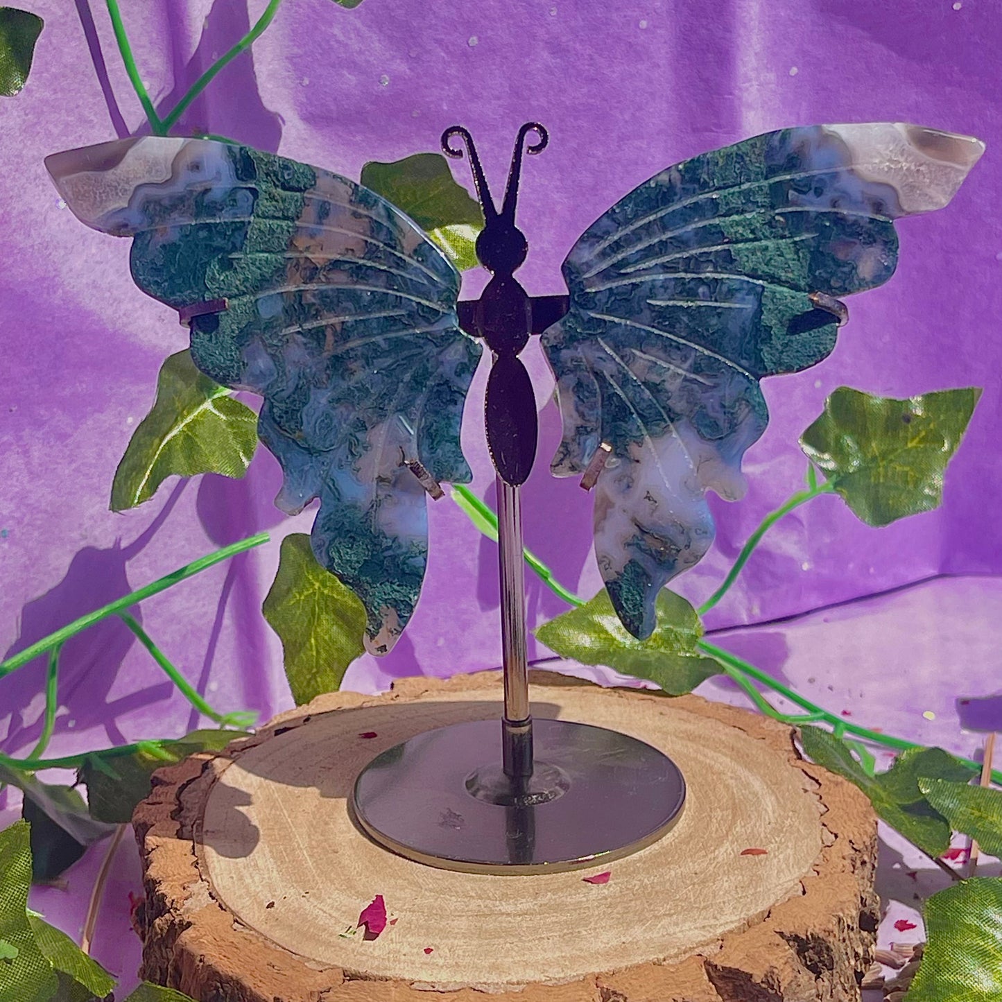 moss agate butterfly wings on stand