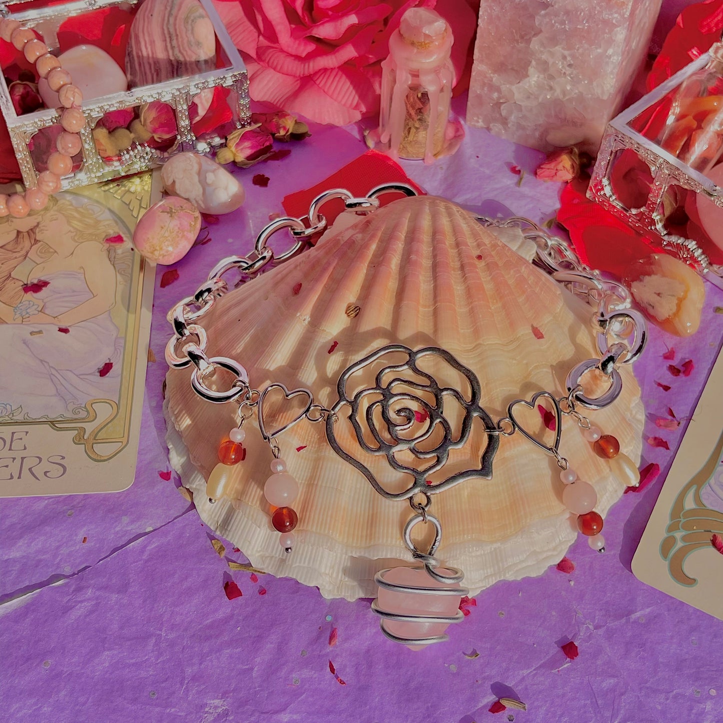single rose chunky stainless steel necklace ~ rose quartz, carnelian & faux pearls