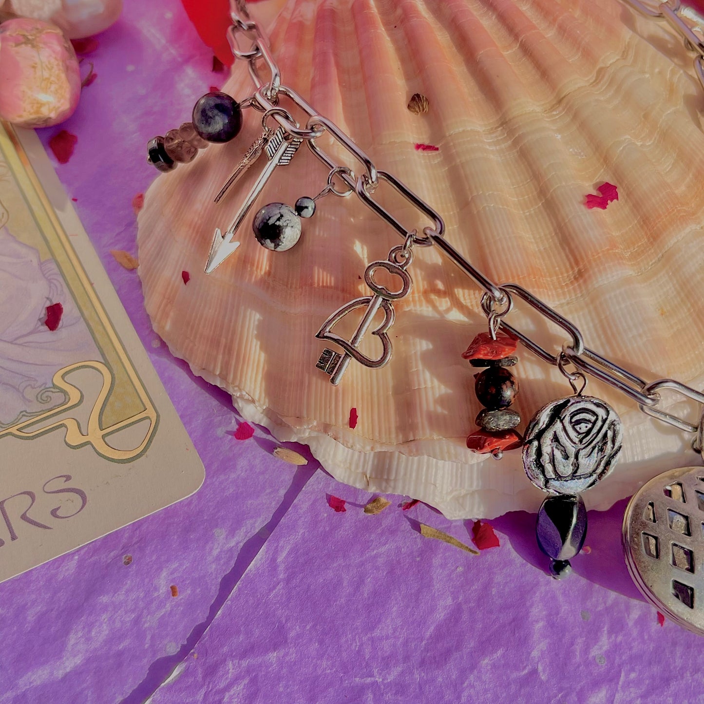 healing heart stainless steel charm necklace ~ smokey quartz, hematite, snowflake & mahogany obsidian, tourmalinated quartz, red jasper, red tigers eye, black moonstone & larvikite