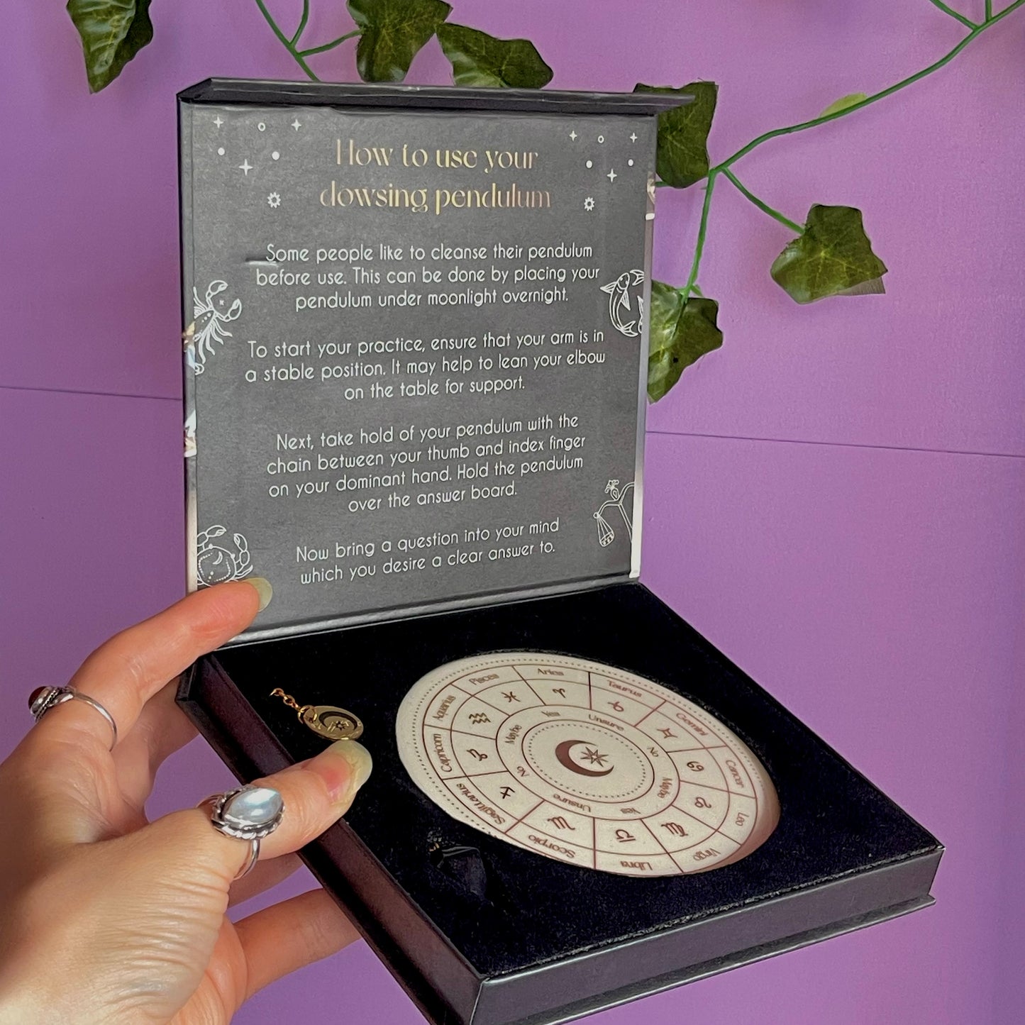 astrology wheel pendulum ceramic divination set ~ with black obsidian pendulum