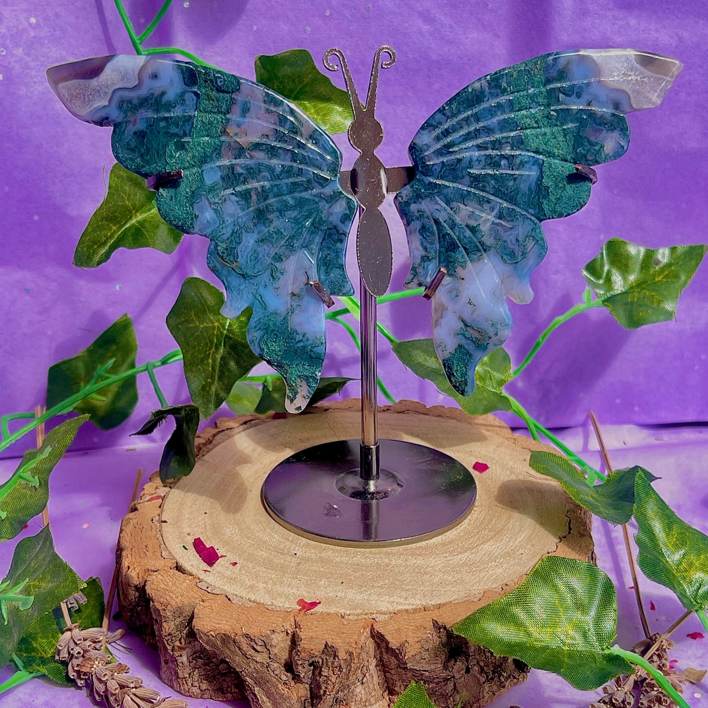 moss agate butterfly wings on stand