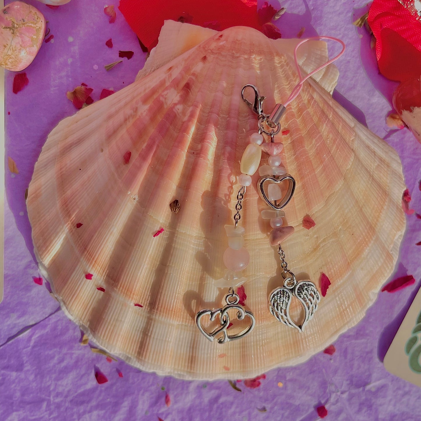 angel heart phone charm ~ rose quartz, moonstone, rhodonite & faux pearls