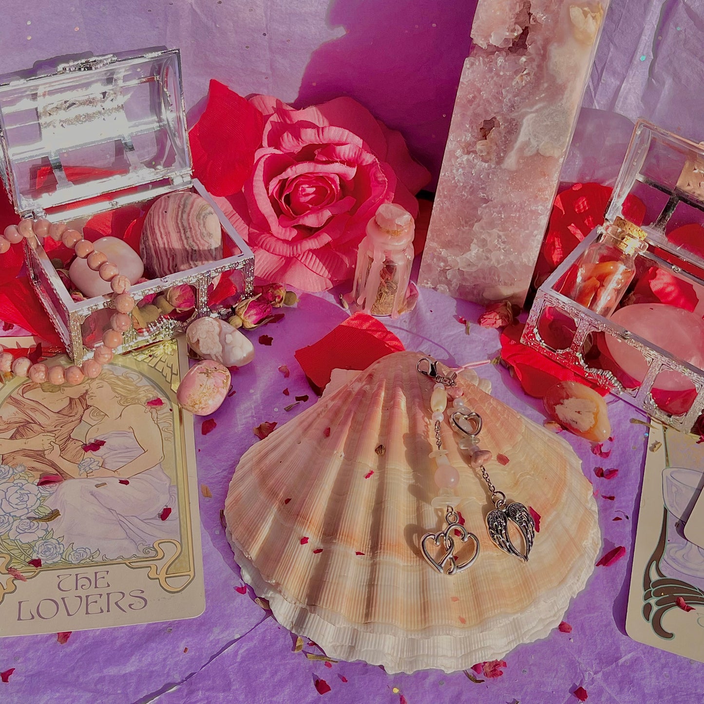 angel heart phone charm ~ rose quartz, moonstone, rhodonite & faux pearls