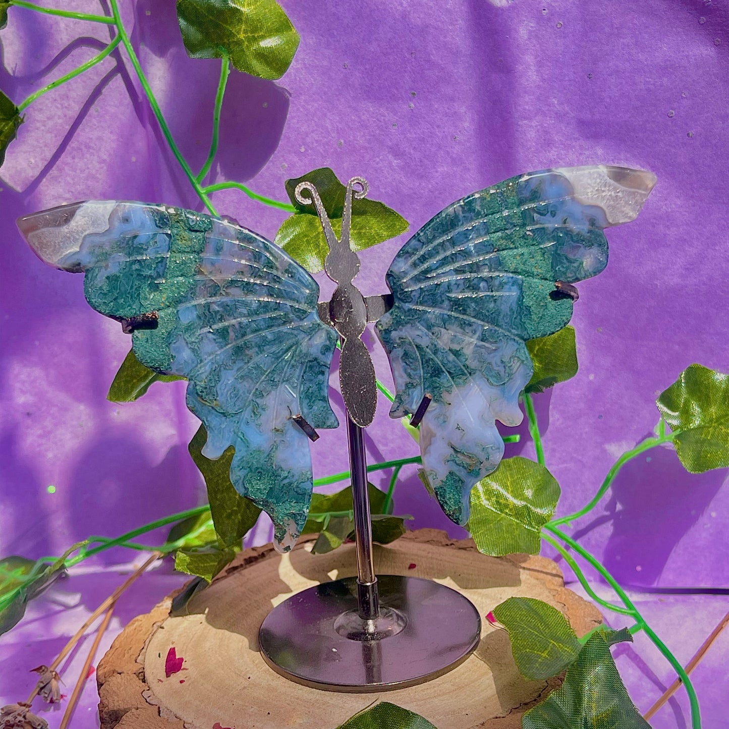 moss agate butterfly wings on stand