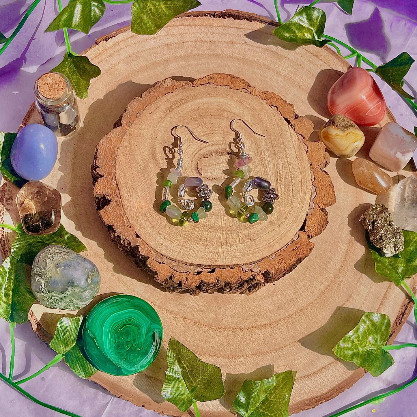 forest spiral earrings ~ fluorite, moss agate, aventurine, new jade & malachite on 925 hooks