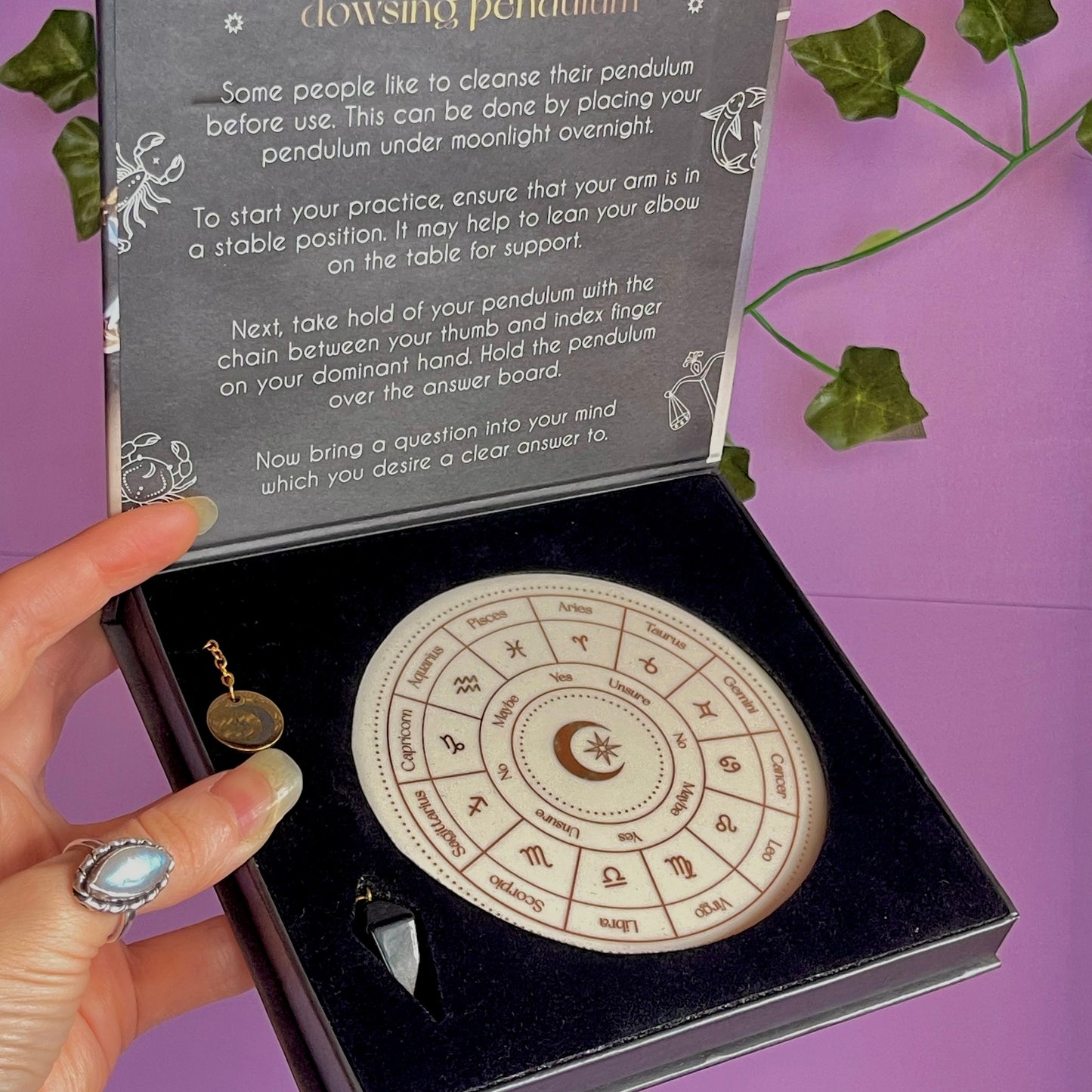 astrology wheel pendulum ceramic divination set ~ with black obsidian pendulum