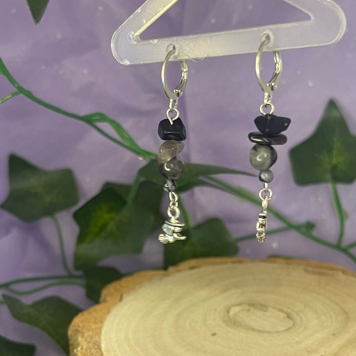 witches earrings (obsidian, smokey quartz, larvikite, snowflake obsidian)