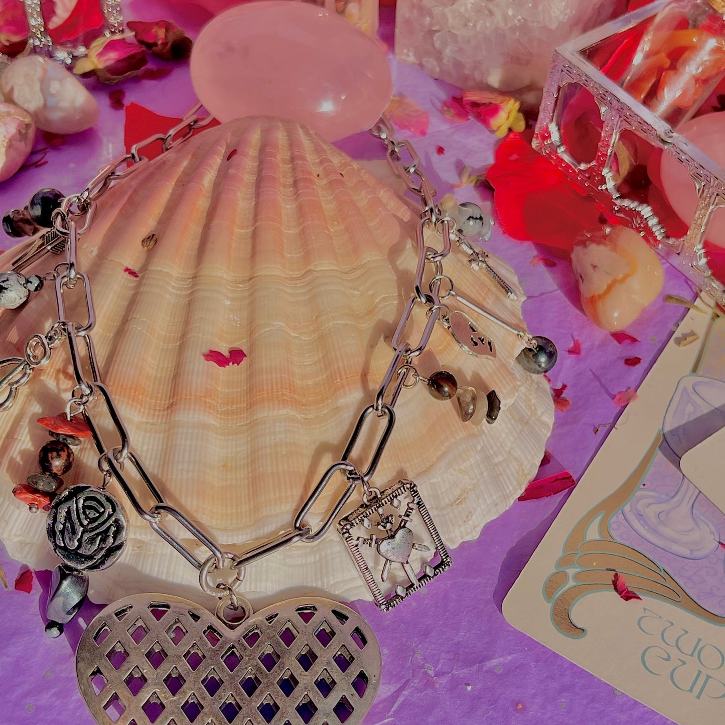 healing heart stainless steel charm necklace ~ smokey quartz, hematite, snowflake & mahogany obsidian, tourmalinated quartz, red jasper, red tigers eye, black moonstone & larvikite