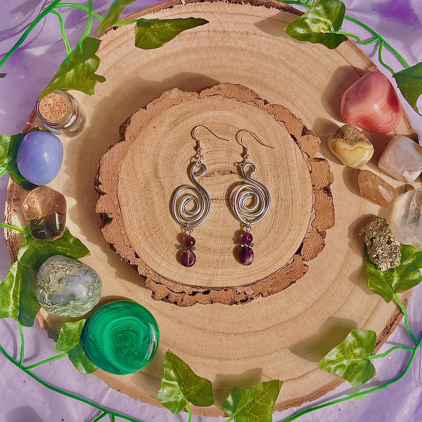 spiral swirl earrings ~ amethyst & fluorite on 925 hooks (aluminium wire)
