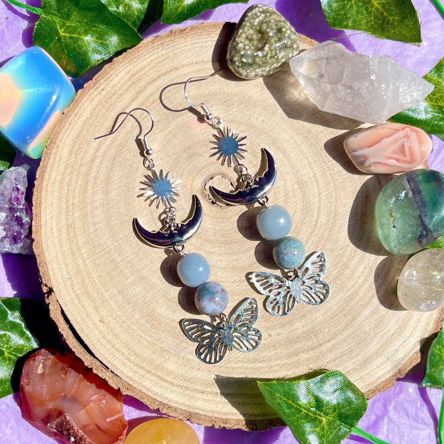 summer wings earrings - angelite & moss agate on 925 hooks