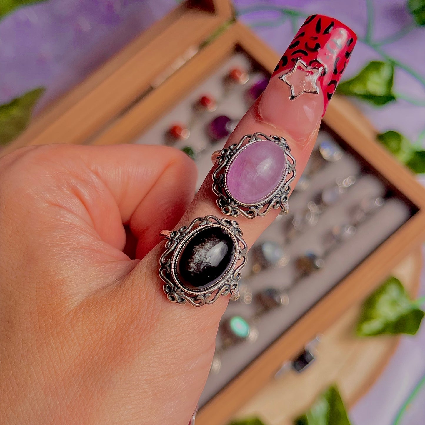 kunzite & silver sheen obsidian ~ 925 sterling silver adjustable rings / choose your own