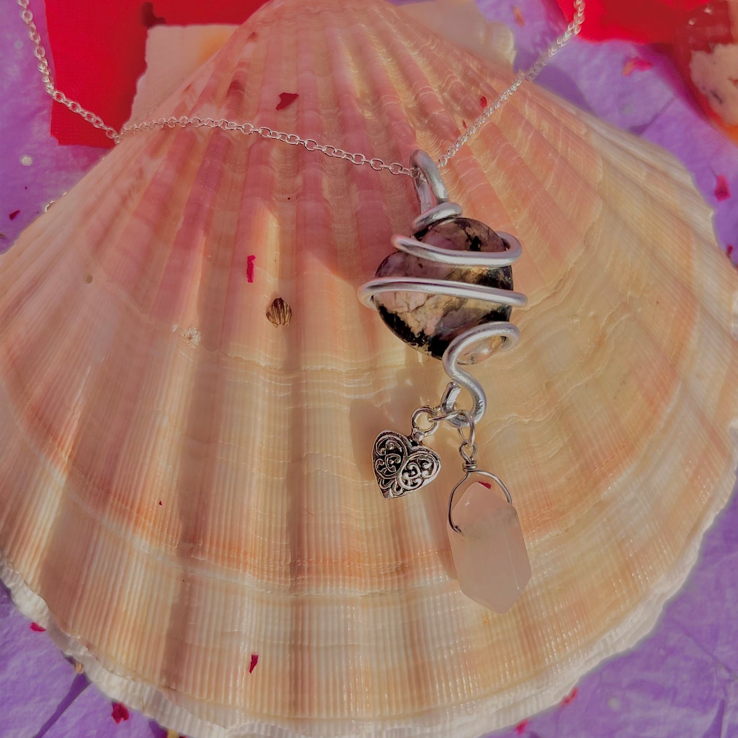 wrapped around my heart necklace sterling silver plated 18 inch chain ~ rhodonite & rose quartz