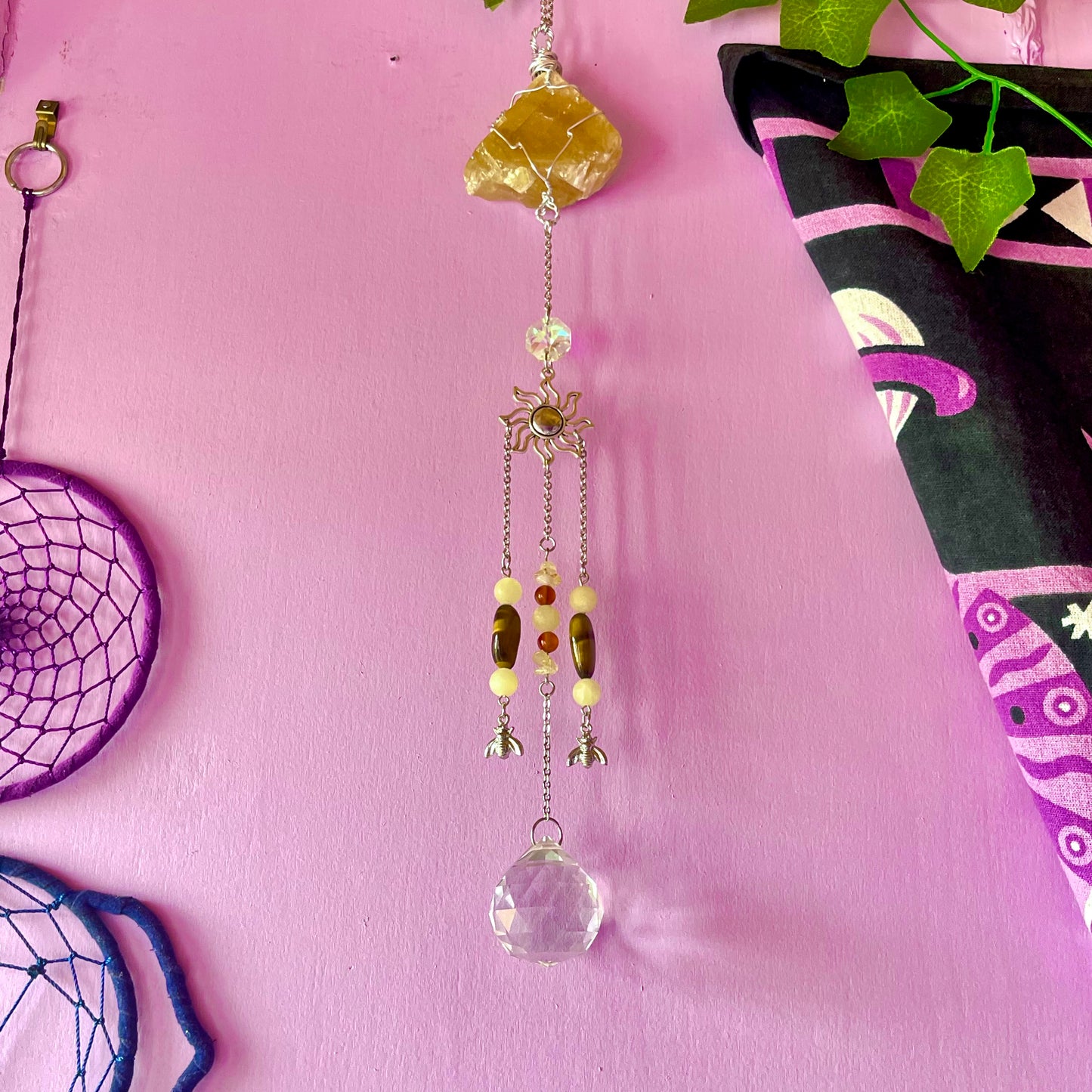 honey bee sun catcher - honey calcite, carnelian, tigers eye & calcite