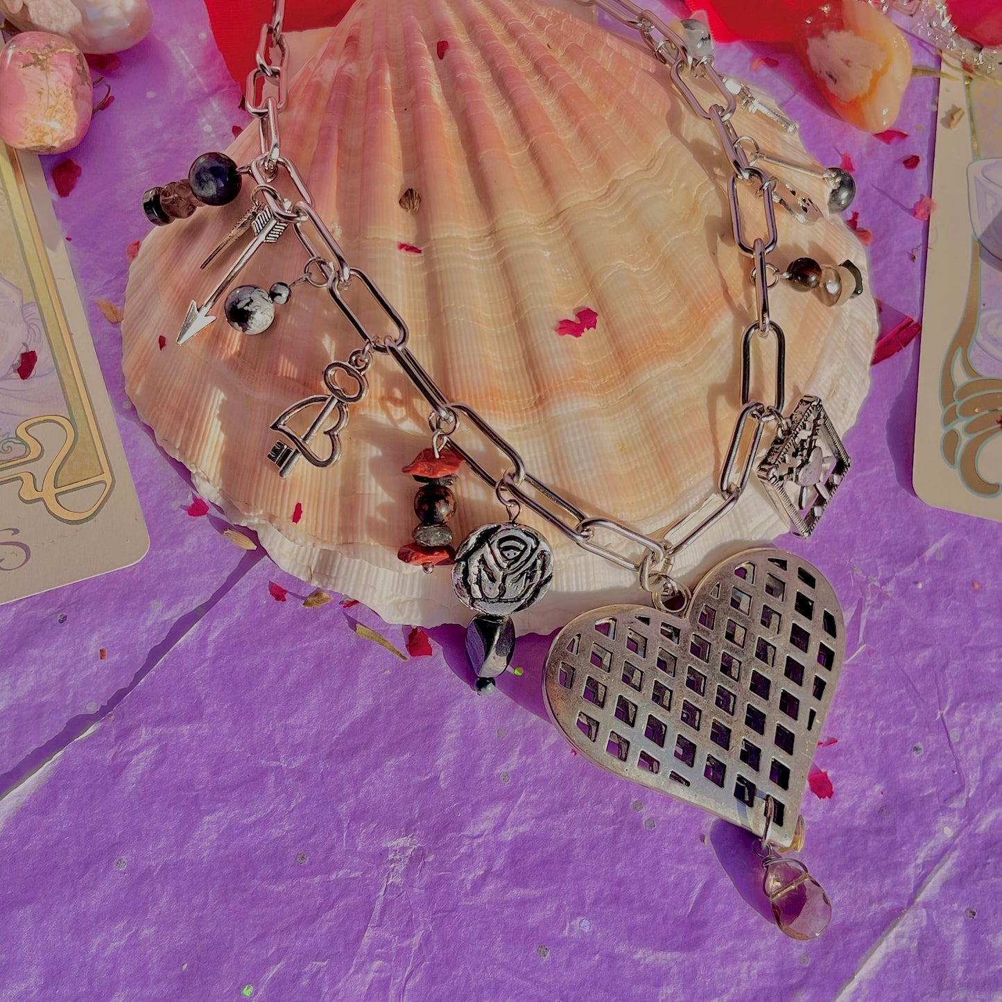 healing heart stainless steel charm necklace ~ smokey quartz, hematite, snowflake & mahogany obsidian, tourmalinated quartz, red jasper, red tigers eye, black moonstone & larvikite