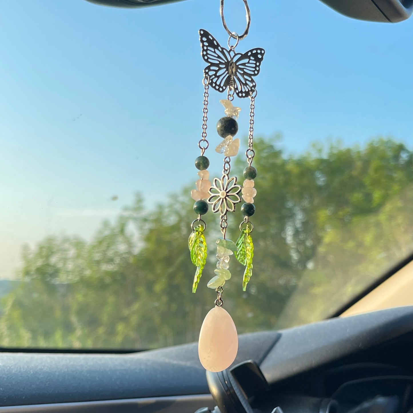 self car charm - rose quartz, moss agate, clear quartz & aventurine