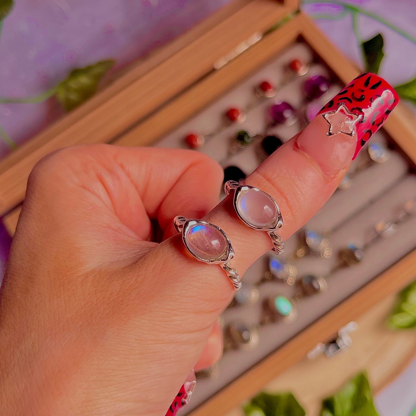 rainbow moonstone style E ~ 925 sterling silver adjustable rings / intuitively chosen