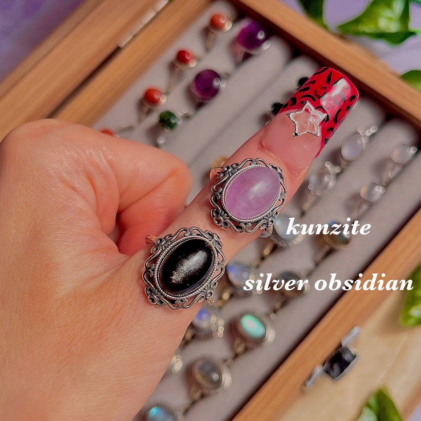 kunzite & silver sheen obsidian ~ 925 sterling silver adjustable rings / choose your own