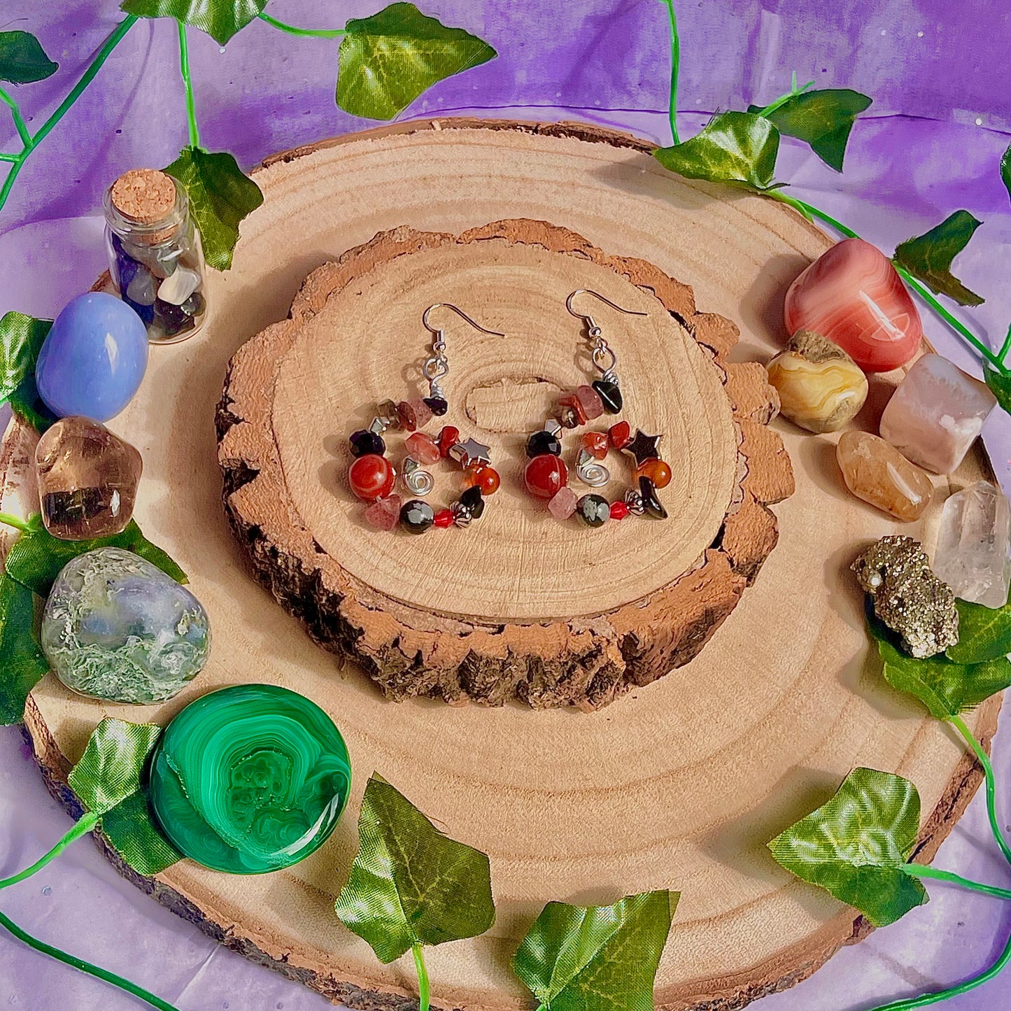 star spiral earrings ~ carnelian, obsidian, strawberry quartz on 925 hooks