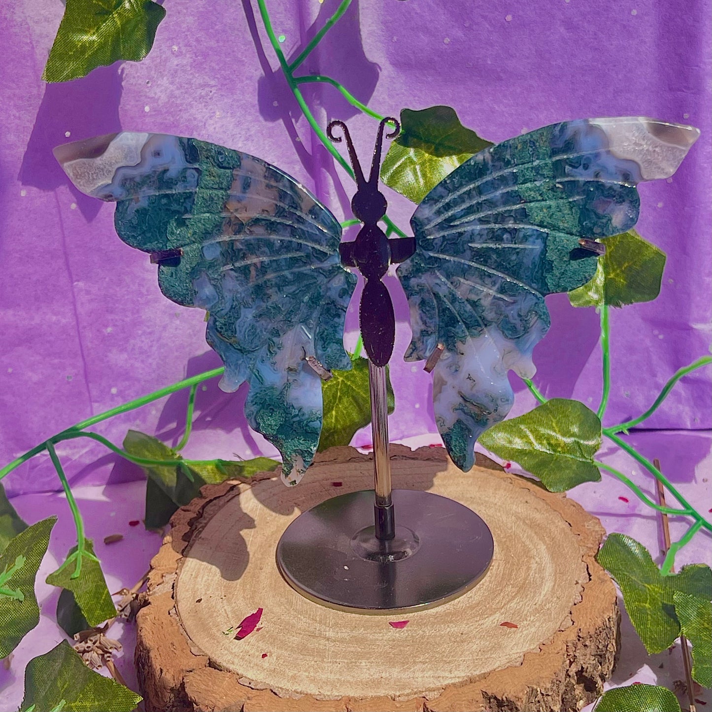 moss agate butterfly wings on stand