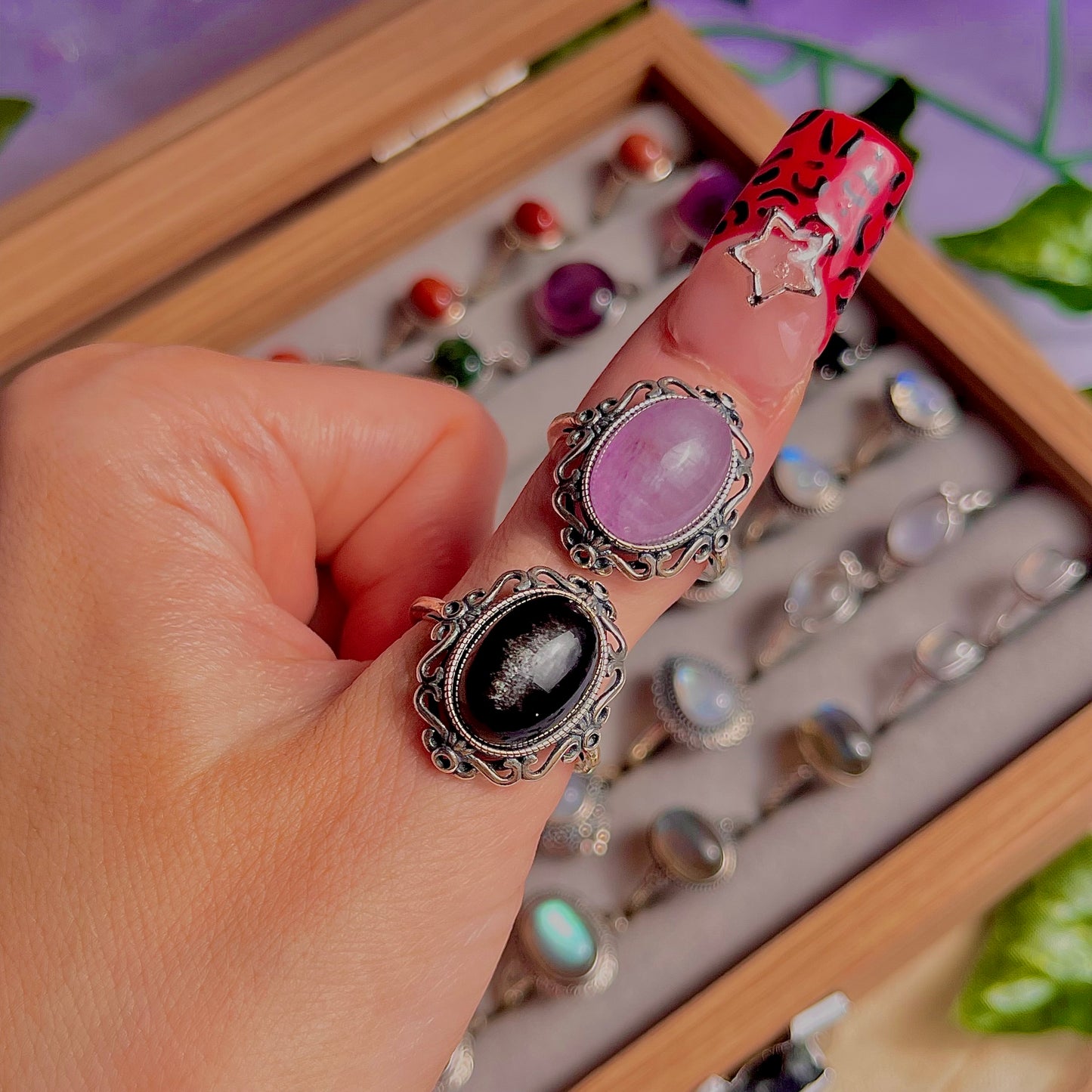 kunzite & silver sheen obsidian ~ 925 sterling silver adjustable rings / choose your own