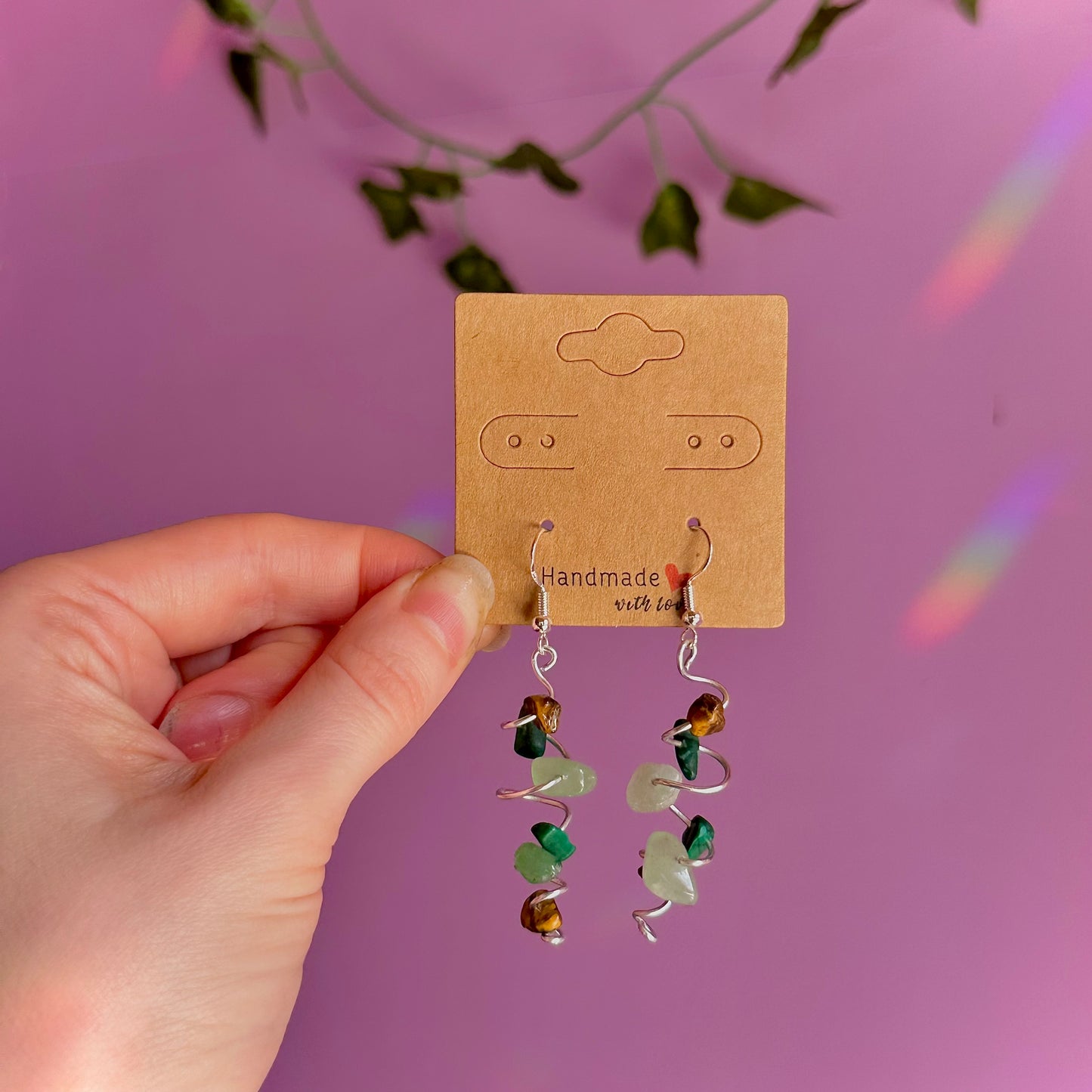 spiral earrings on 925 hooks ~ malachite, tigers eye, aventurine