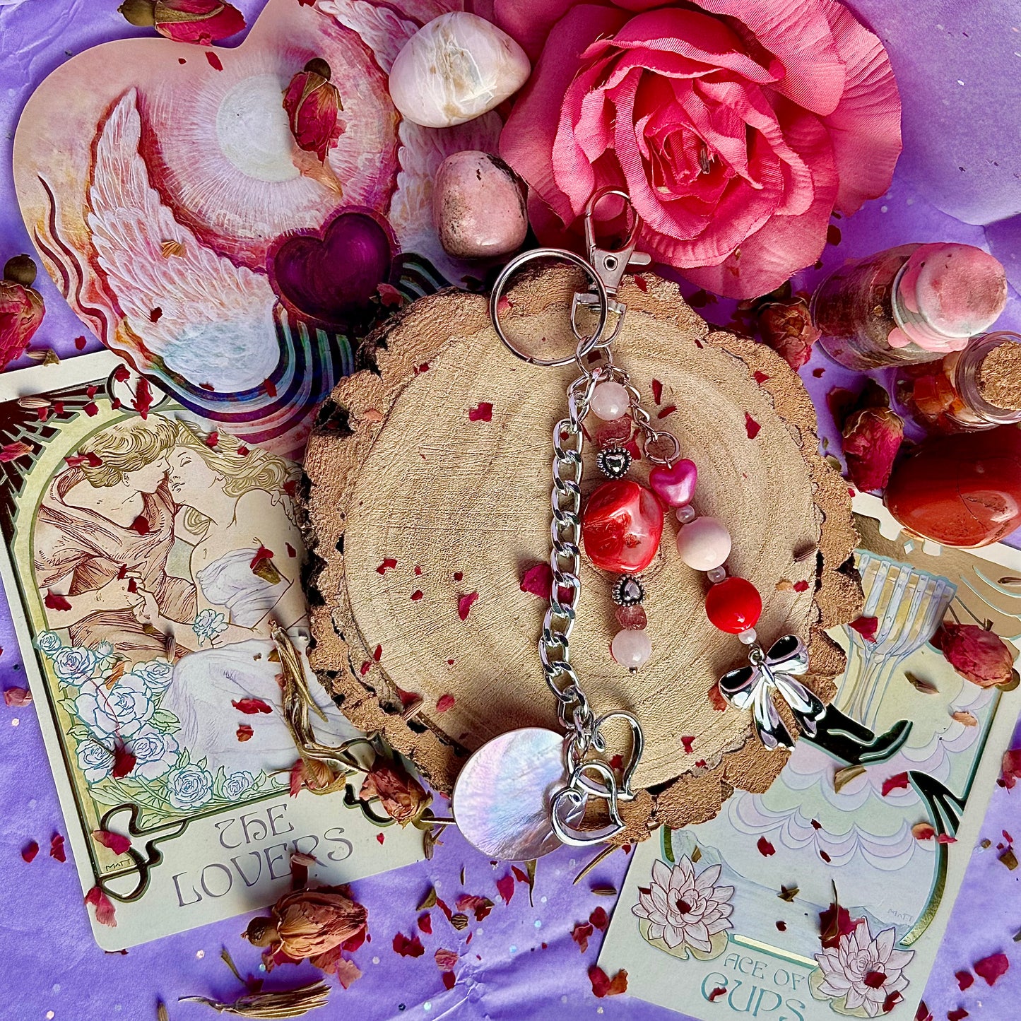 breloque de sac / porte-clés nœud ~ quartz rose et quartz fraise